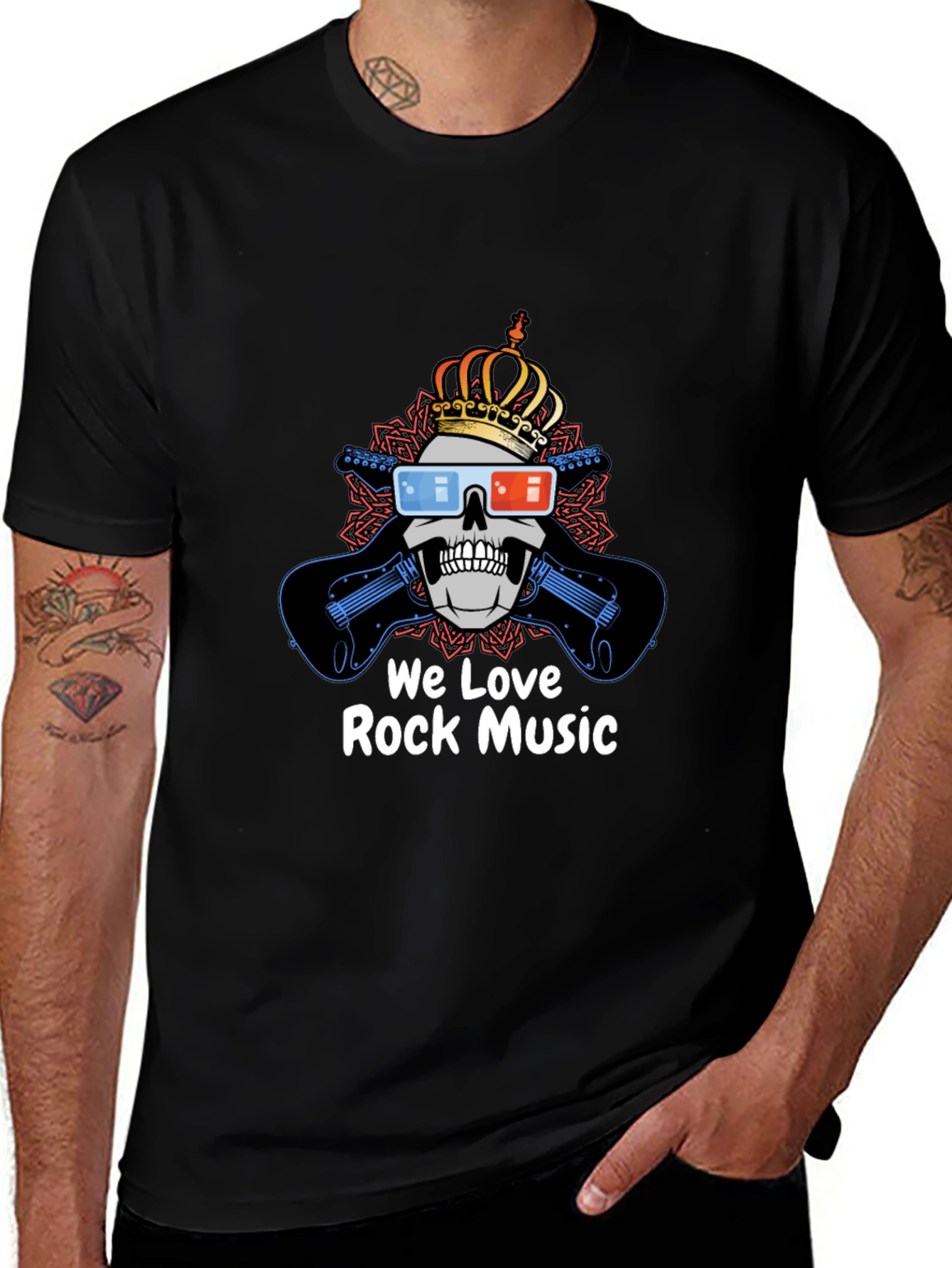 We Love Rock Music Tee - Skull with Crown & Guitars Black T-Shirt