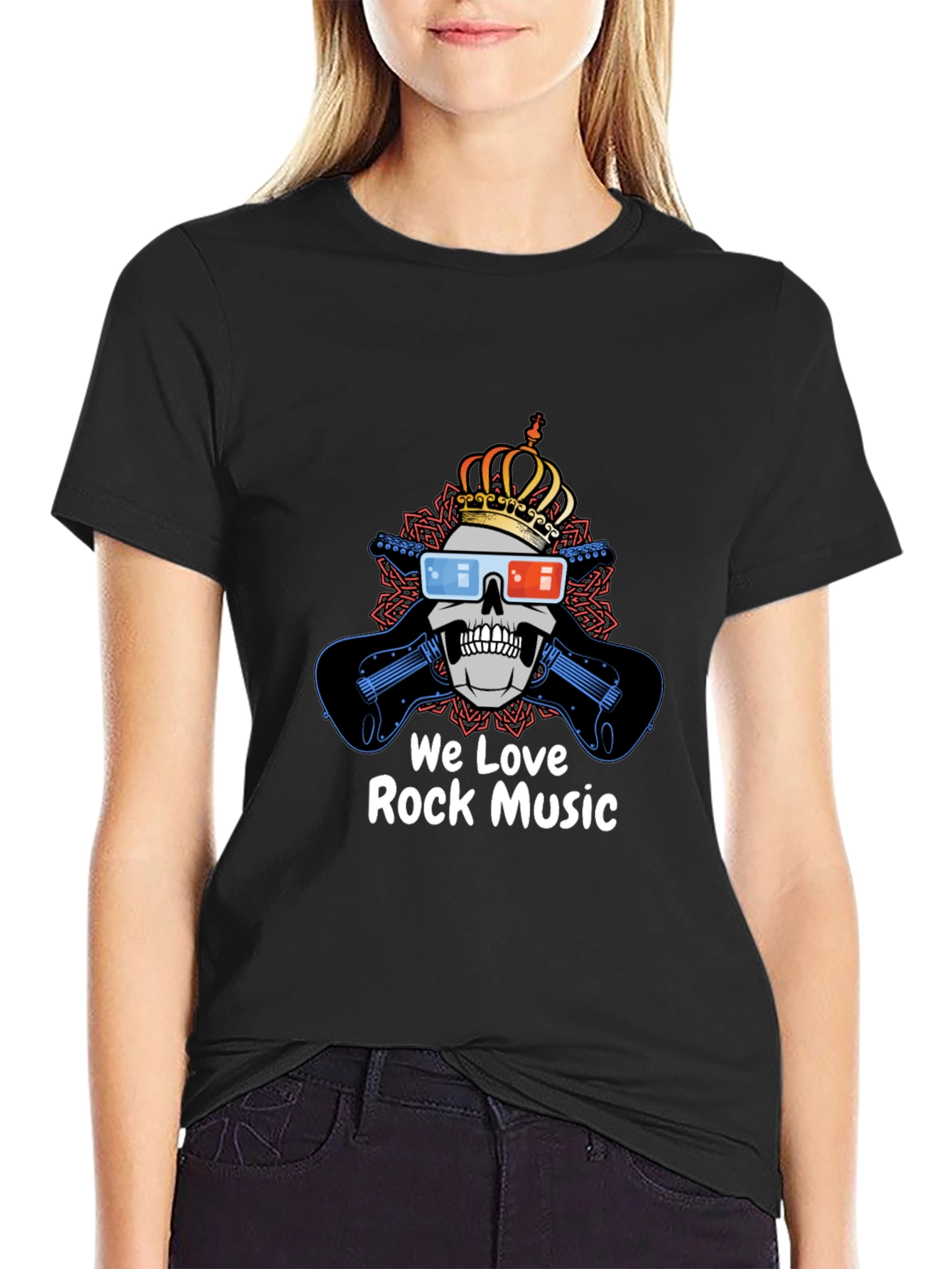 We Love Rock Music Tee - Skull with Crown & Guitars Black T-Shirt