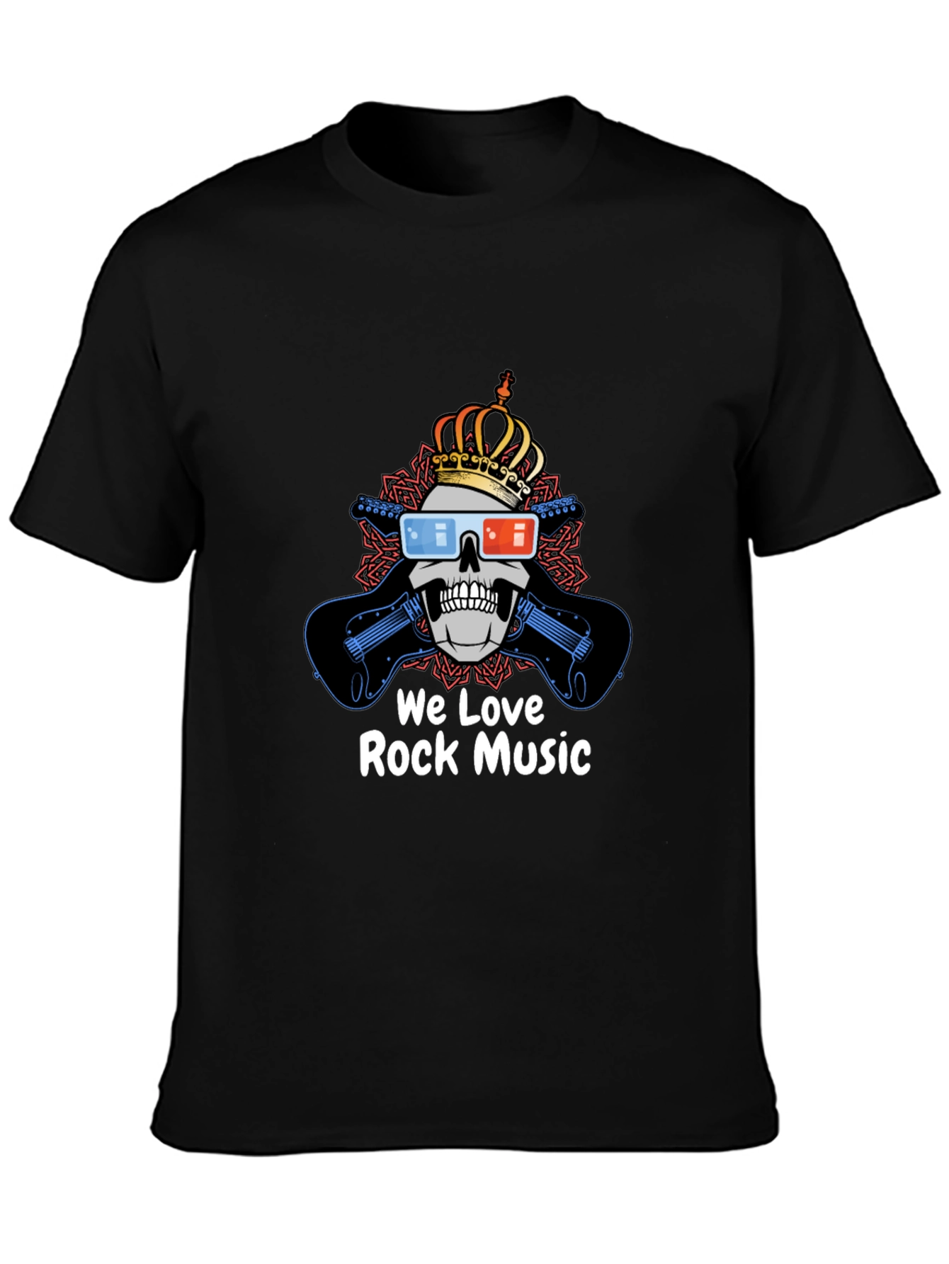 We Love Rock Music Tee - Skull with Crown & Guitars Black T-Shirt