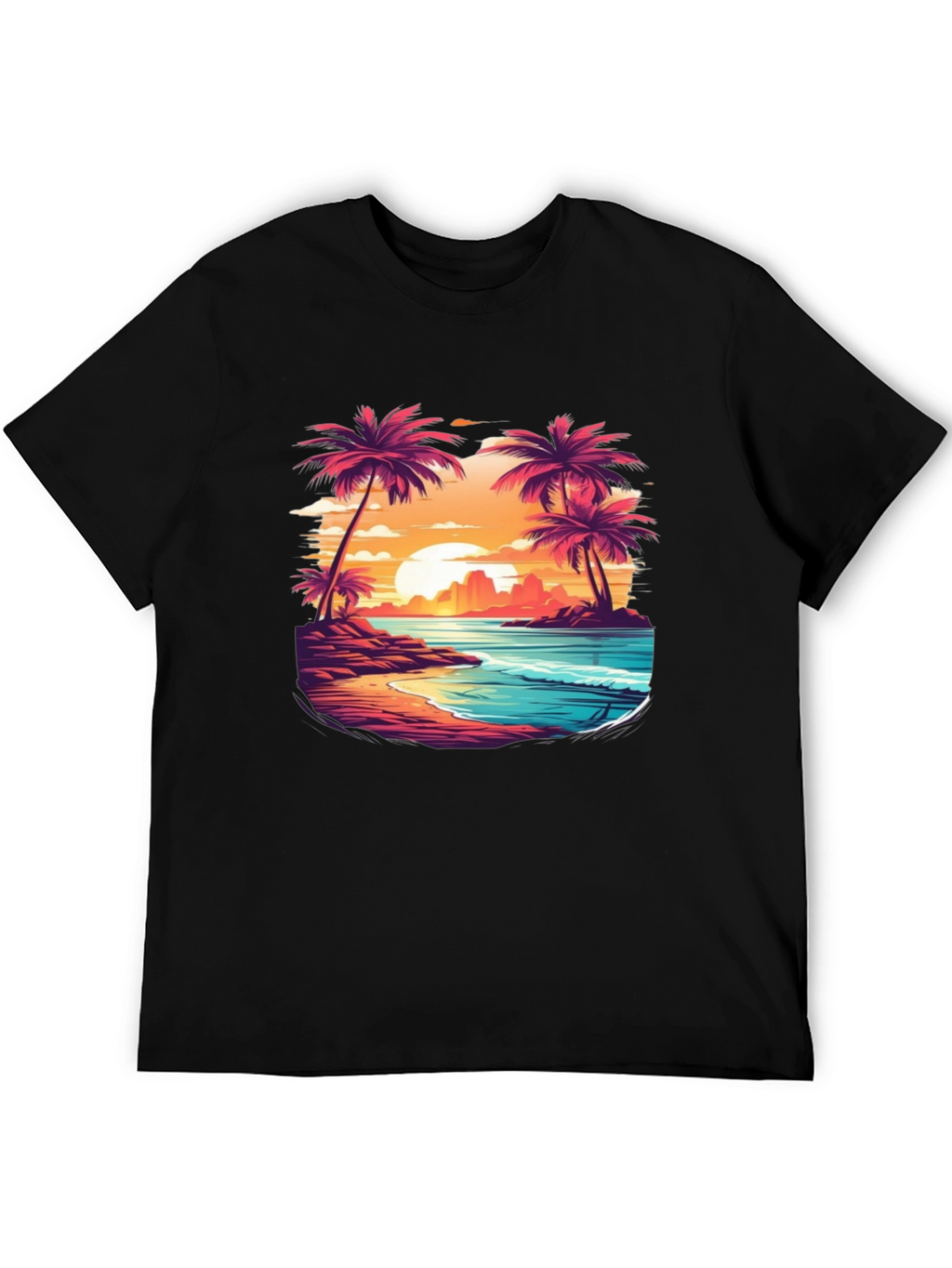 Sunset Beach Palm Tree Graphic Black T-Shirt