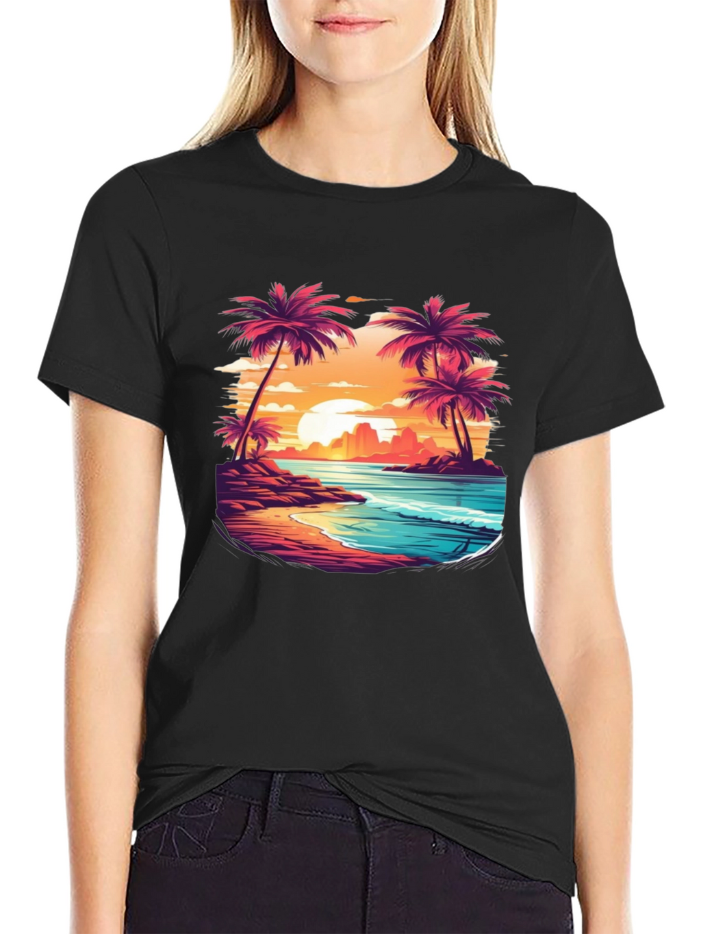 Sunset Beach Palm Tree Graphic Black T-Shirt