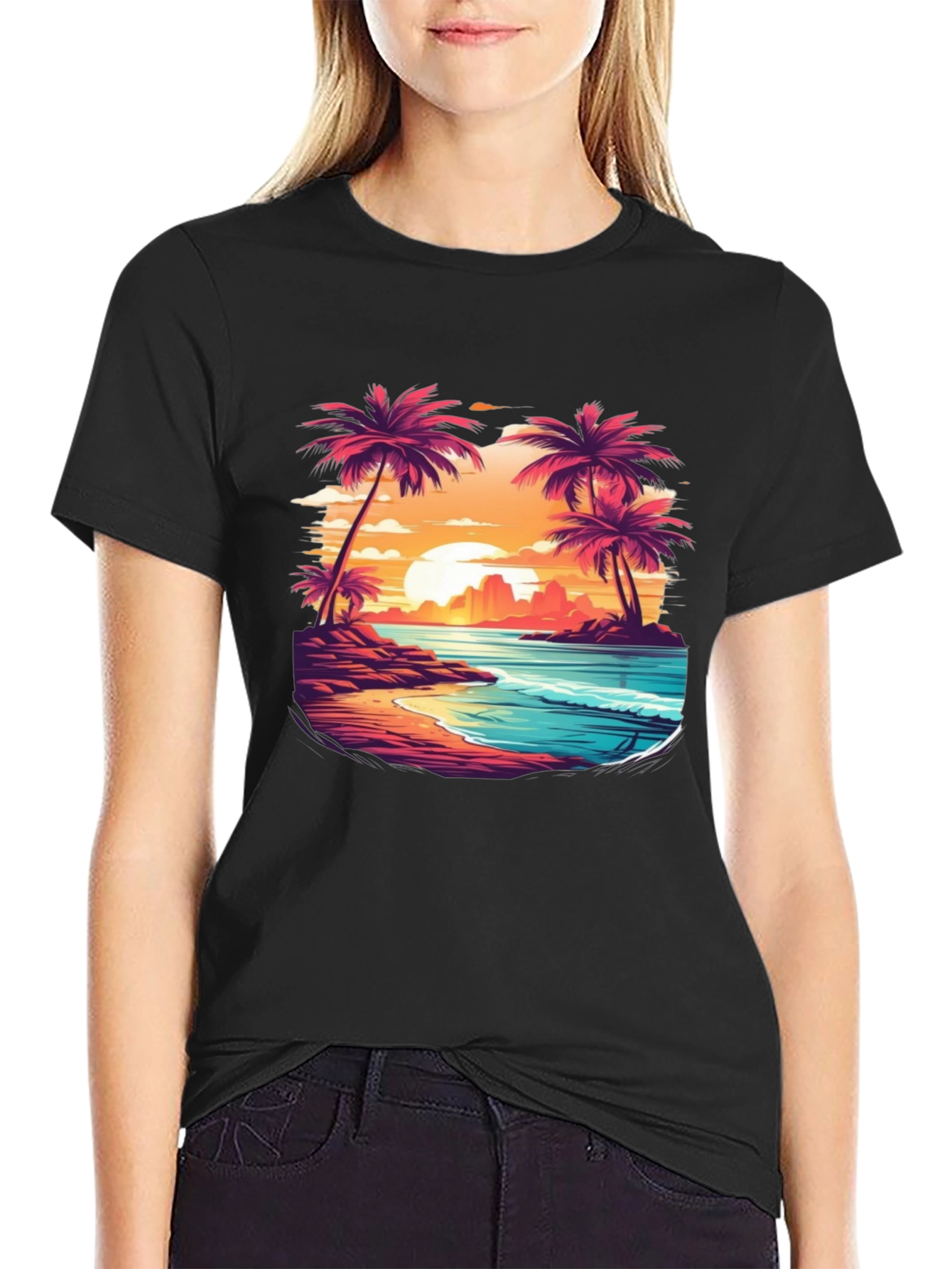 Sunset Beach Palm Tree Graphic Black T-Shirt