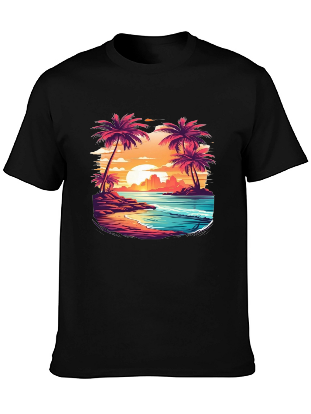 Sunset Beach Palm Tree Graphic Black T-Shirt