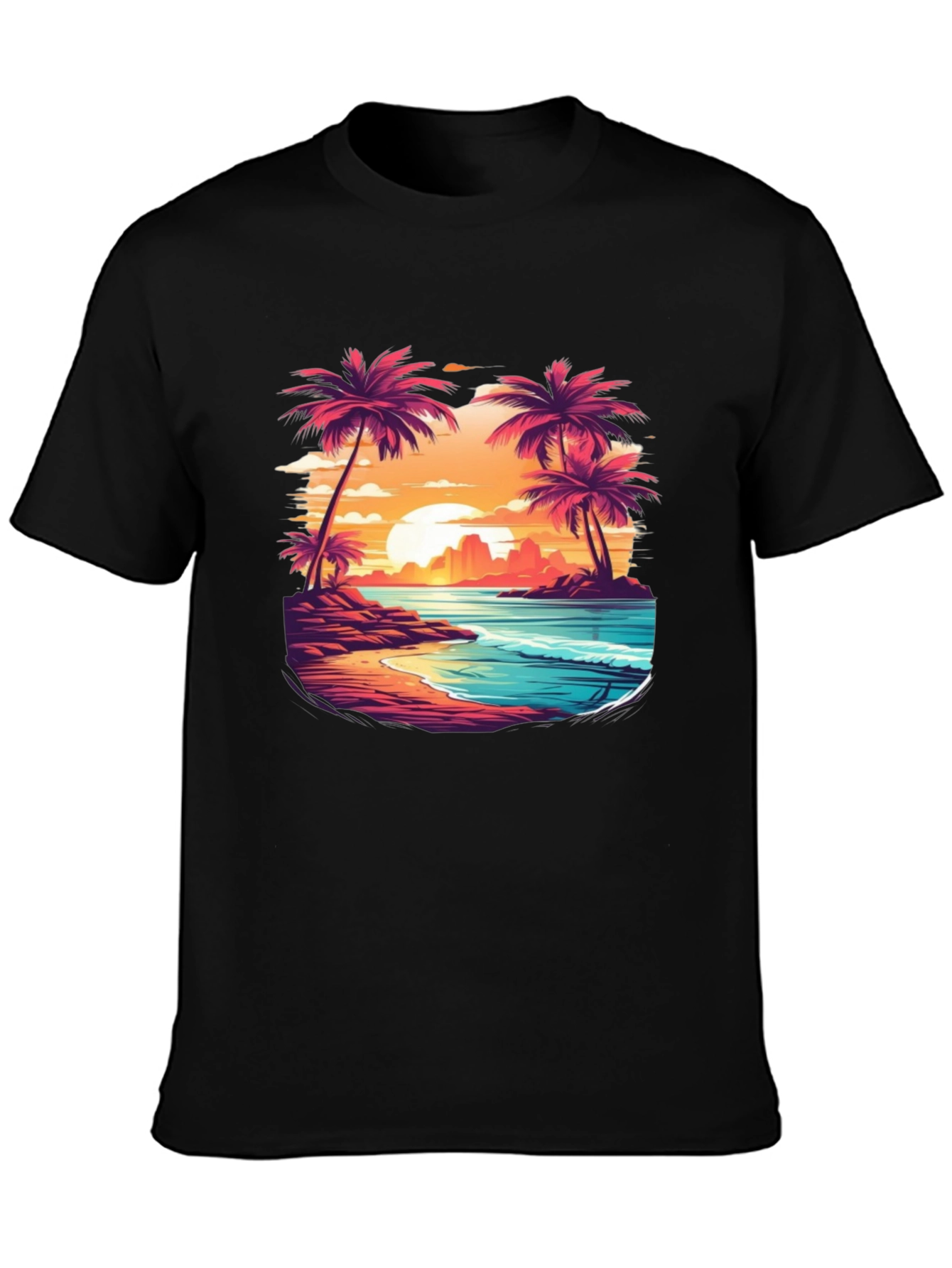 Sunset Beach Palm Tree Graphic Black T-Shirt