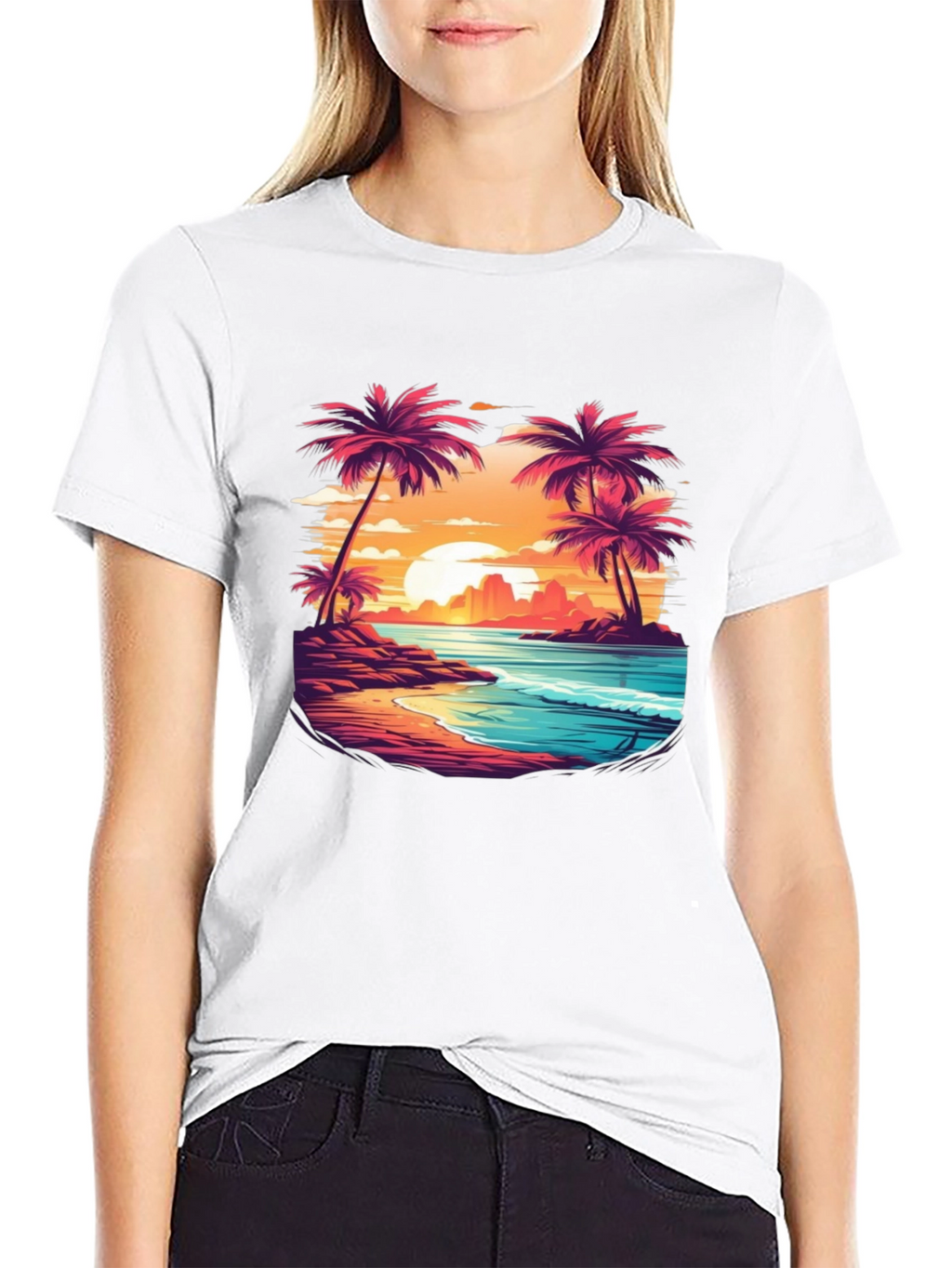 Sunset Beach Palm Tree Graphic Black T-Shirt