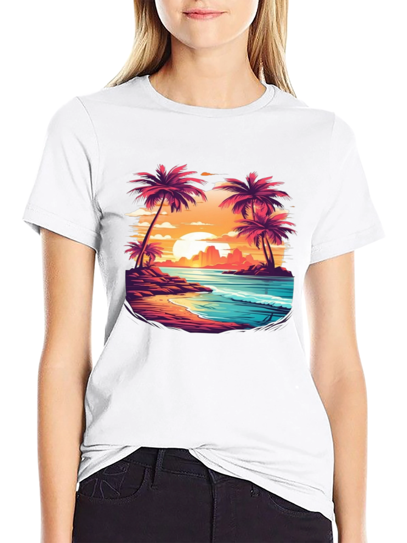 Sunset Beach Palm Tree Graphic Black T-Shirt