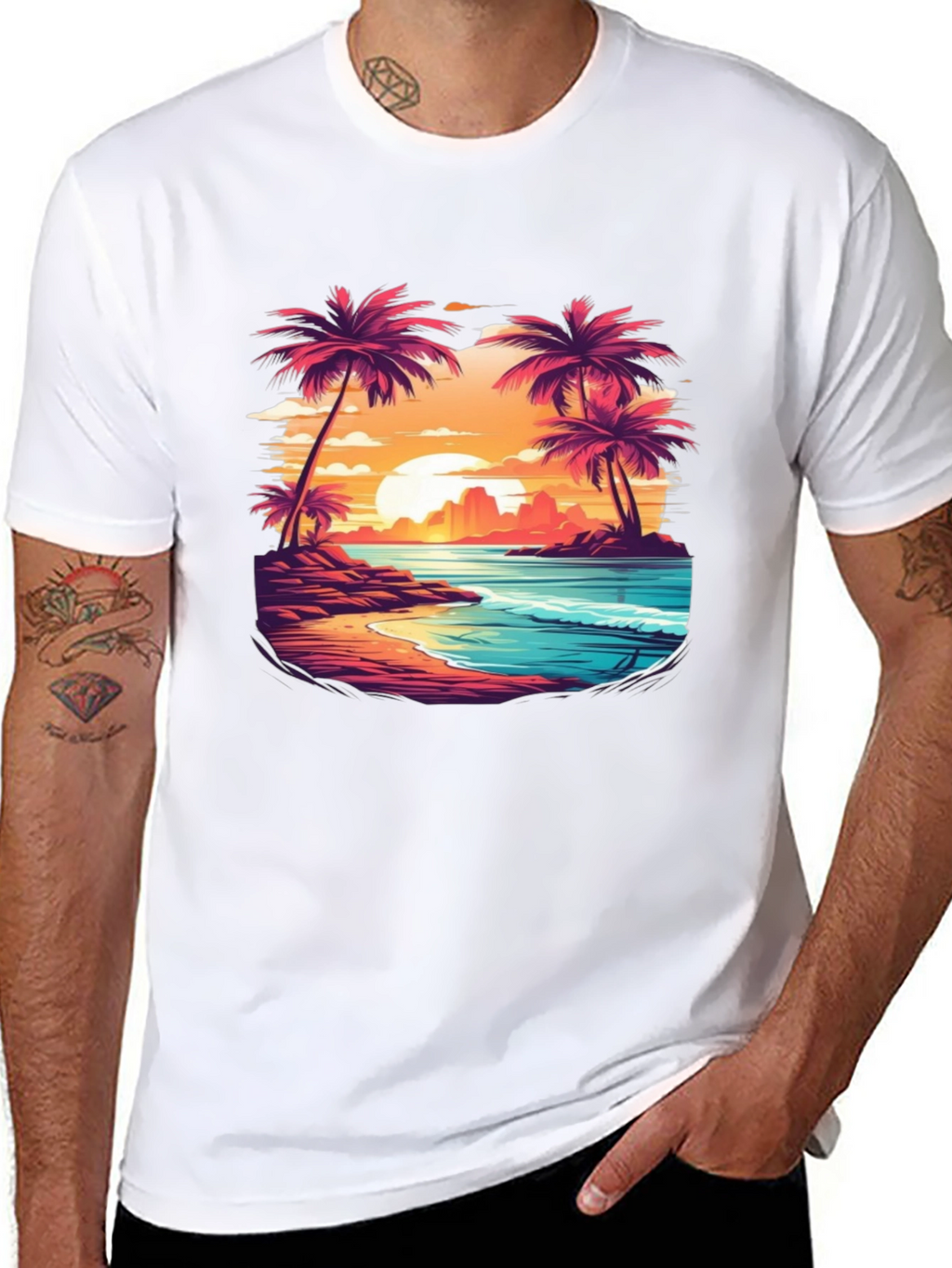 Sunset Beach Palm Tree Graphic Black T-Shirt