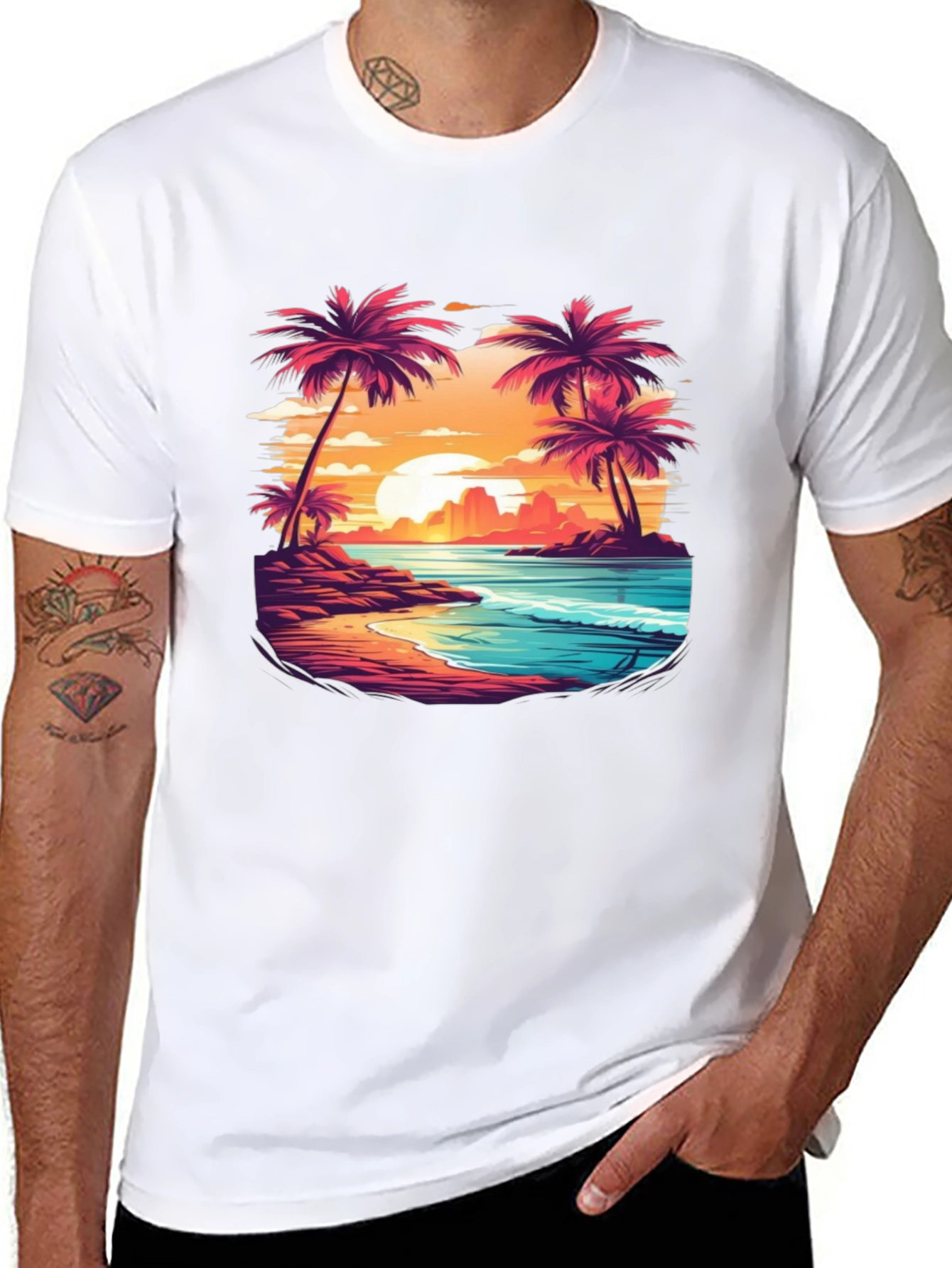 Sunset Beach Palm Tree Graphic Black T-Shirt