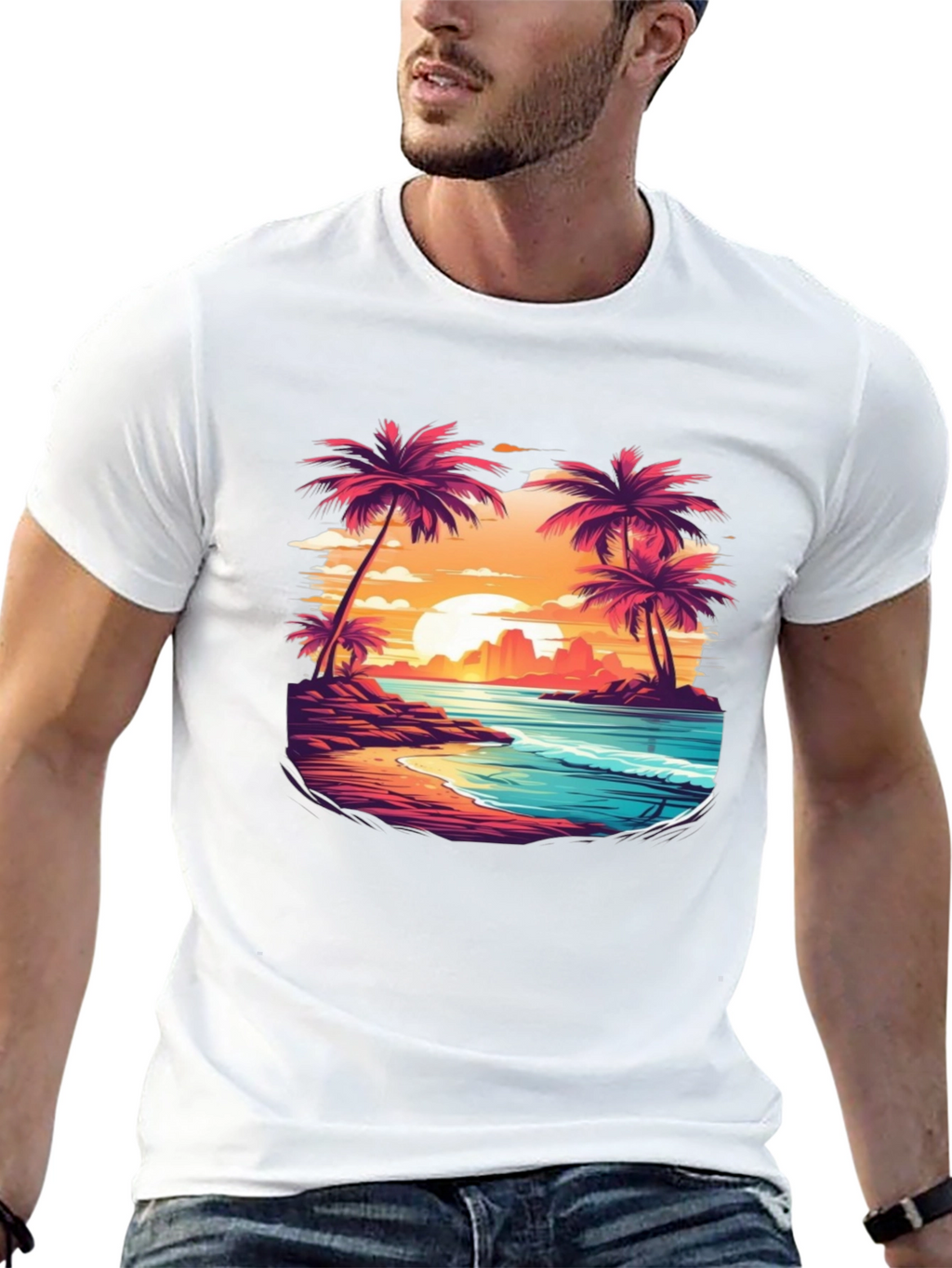 Sunset Beach Palm Tree Graphic Black T-Shirt