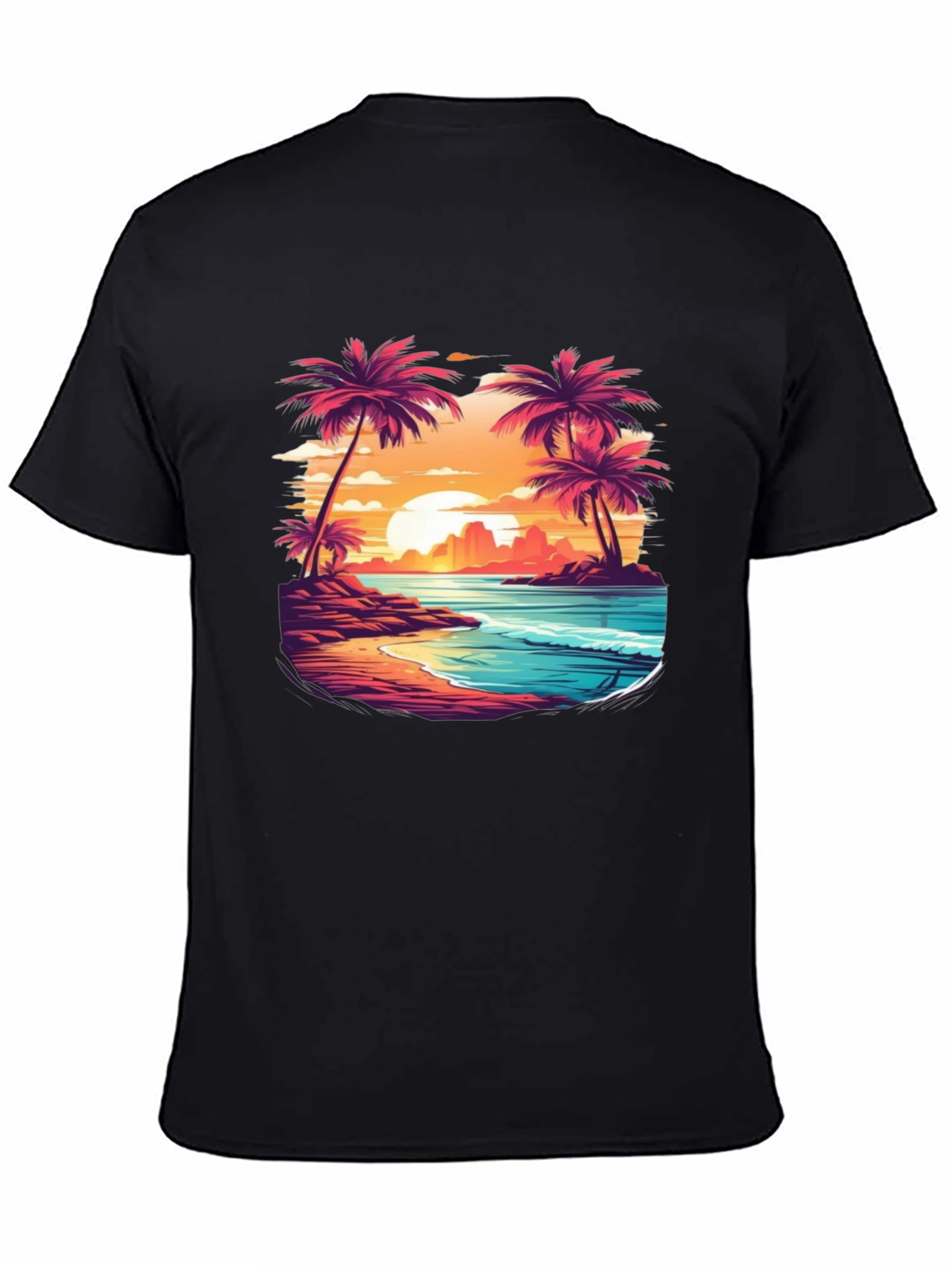 Sunset Beach Palm Tree Graphic Black T-Shirt