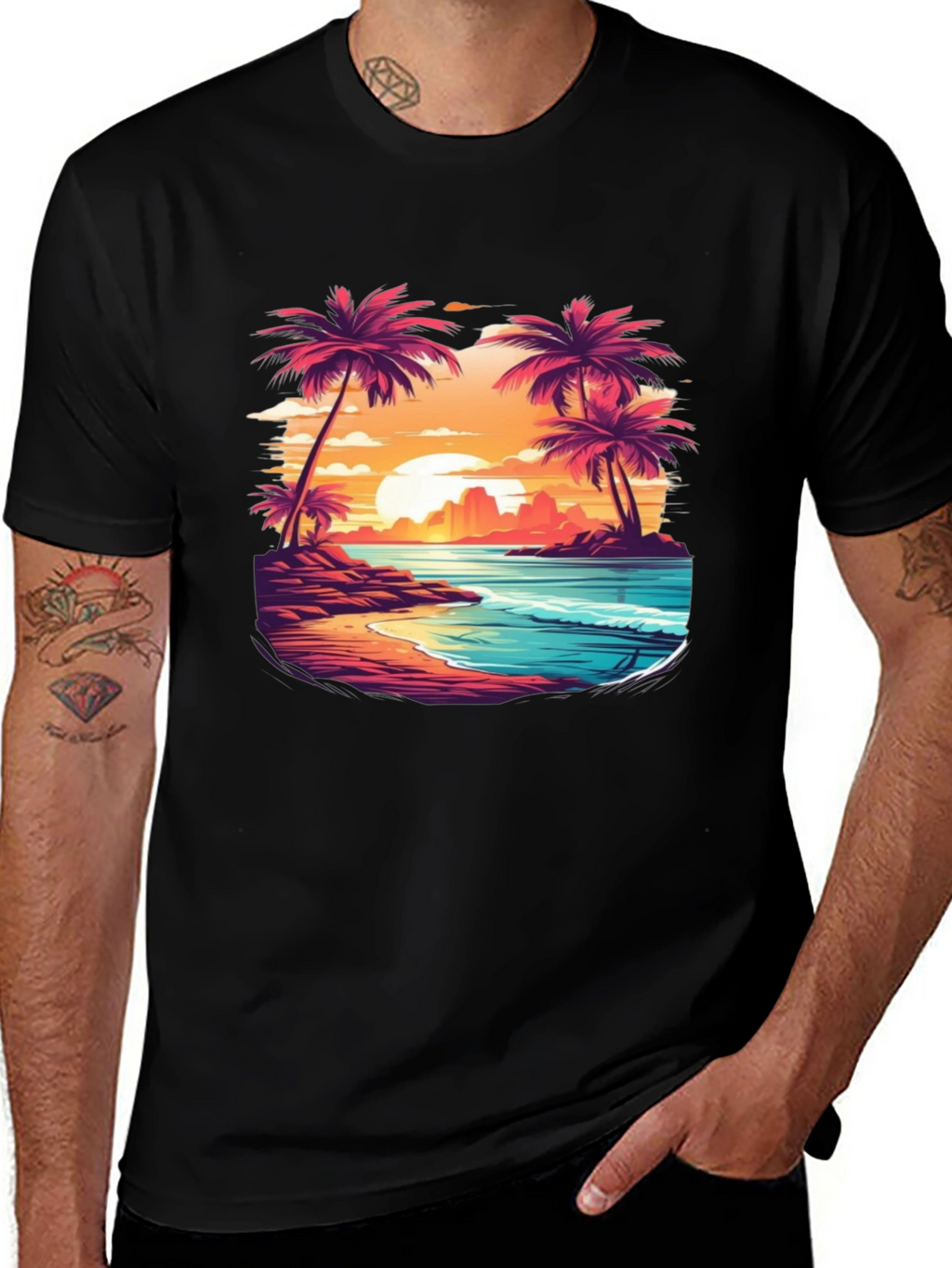 Sunset Beach Palm Tree Graphic Black T-Shirt
