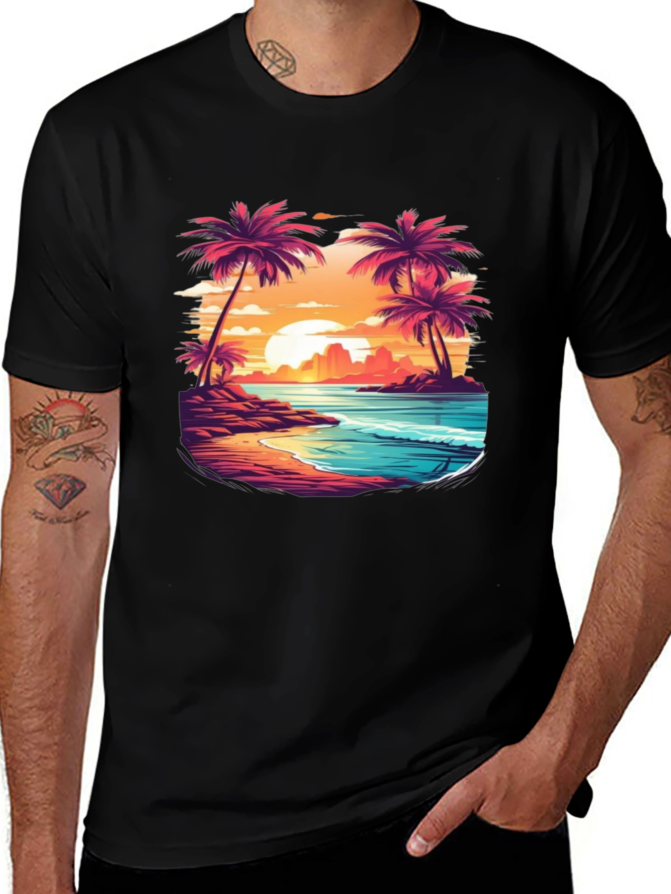 Sunset Beach Palm Tree Graphic Black T-Shirt