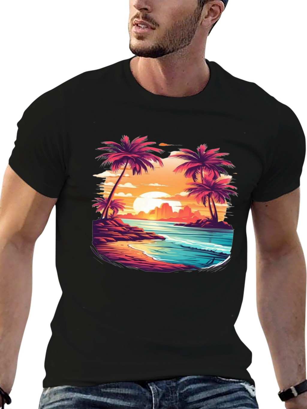 Sunset Beach Palm Tree Graphic Black T-Shirt