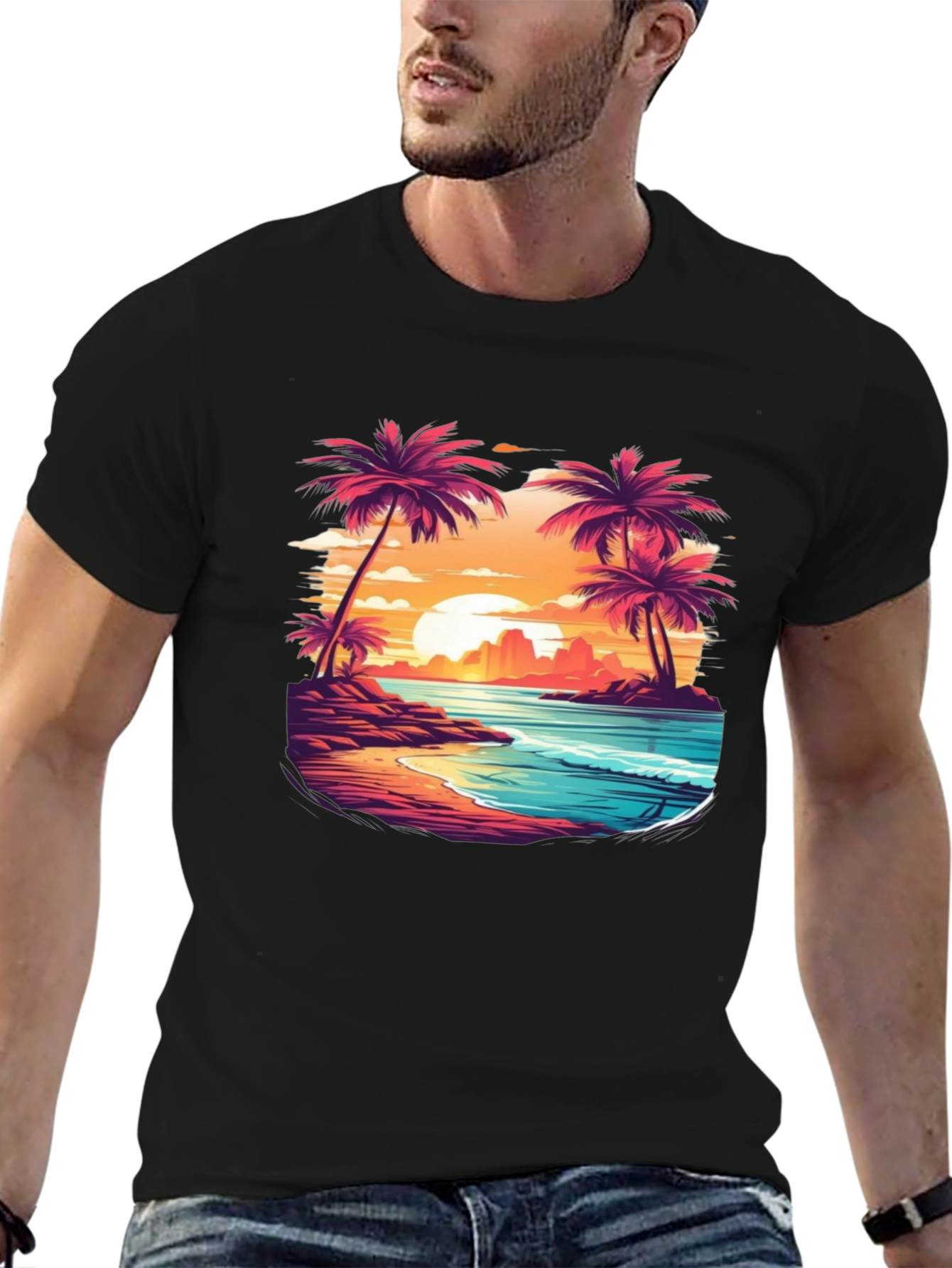 Sunset Beach Palm Tree Graphic Black T-Shirt