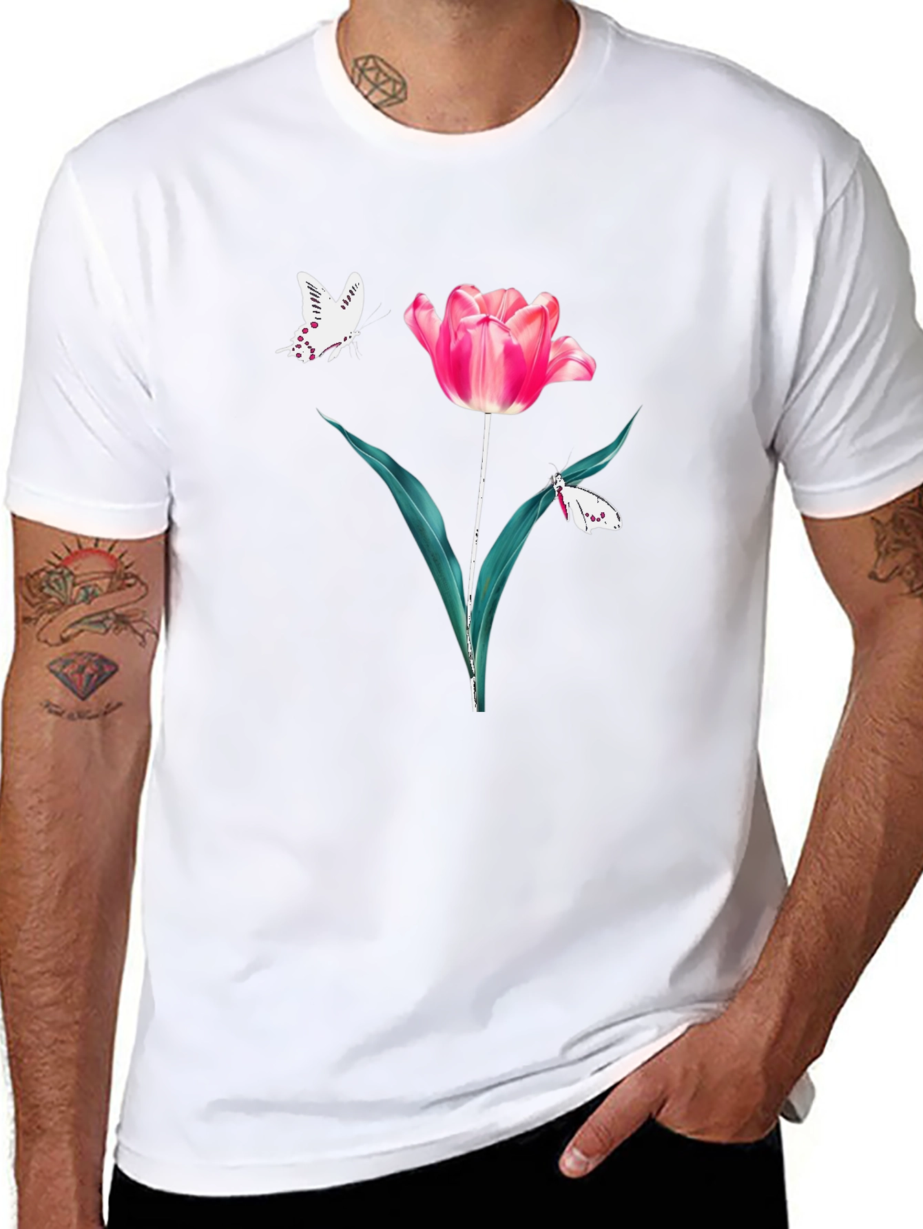 Floral Tulip Butterfly Graphic T-Shirt