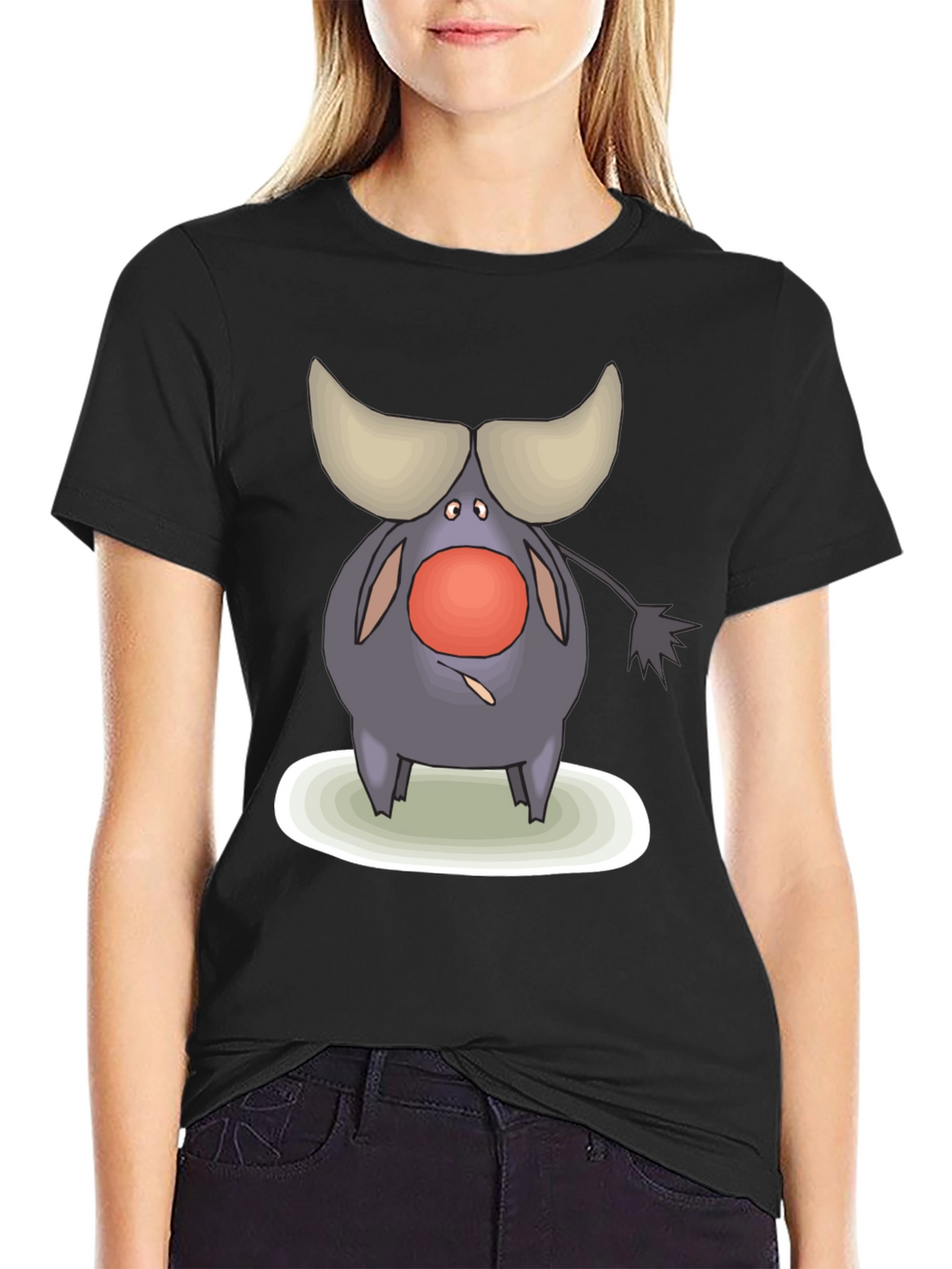 Cartoon Buffalo Graphic Tee - Black Cotton Comfort