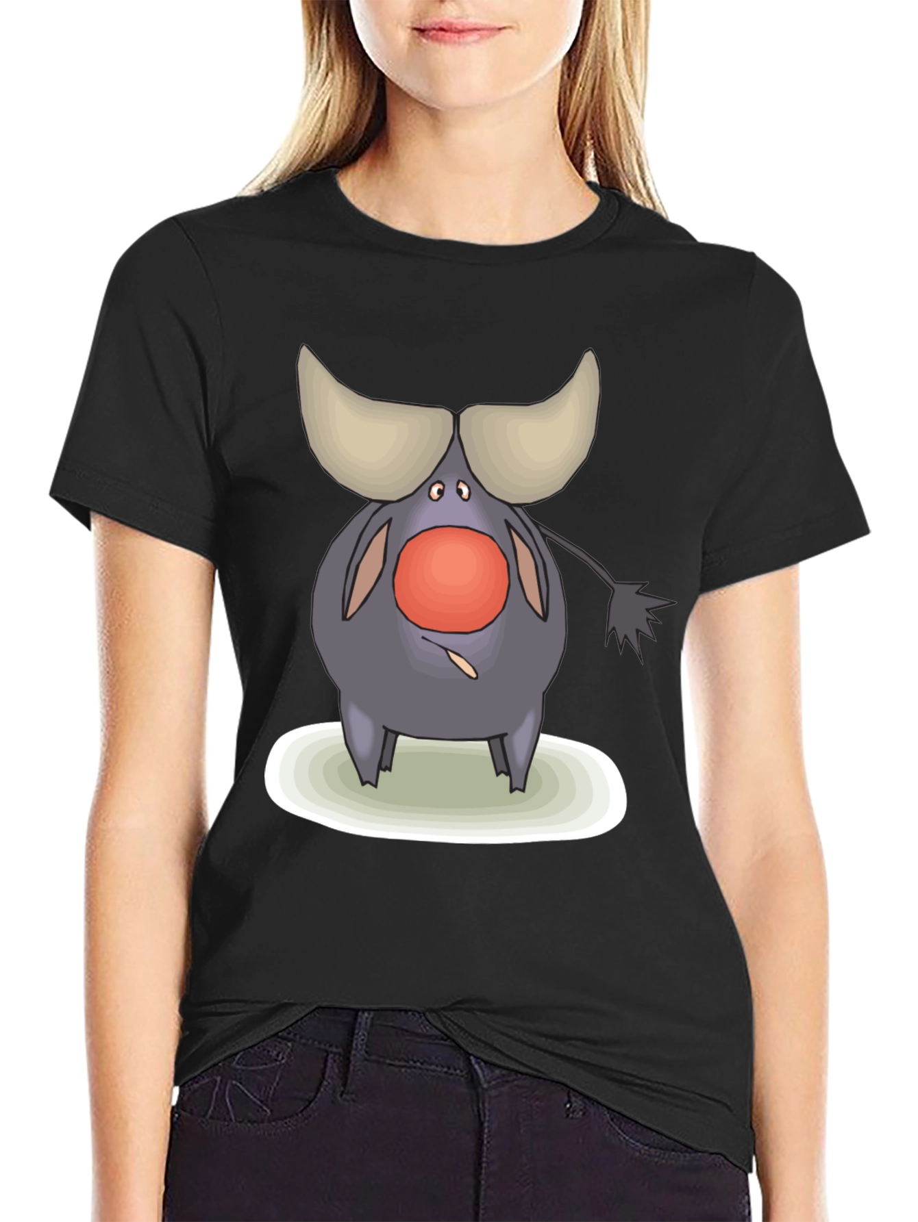 Cartoon Buffalo Graphic Tee - Black Cotton Comfort