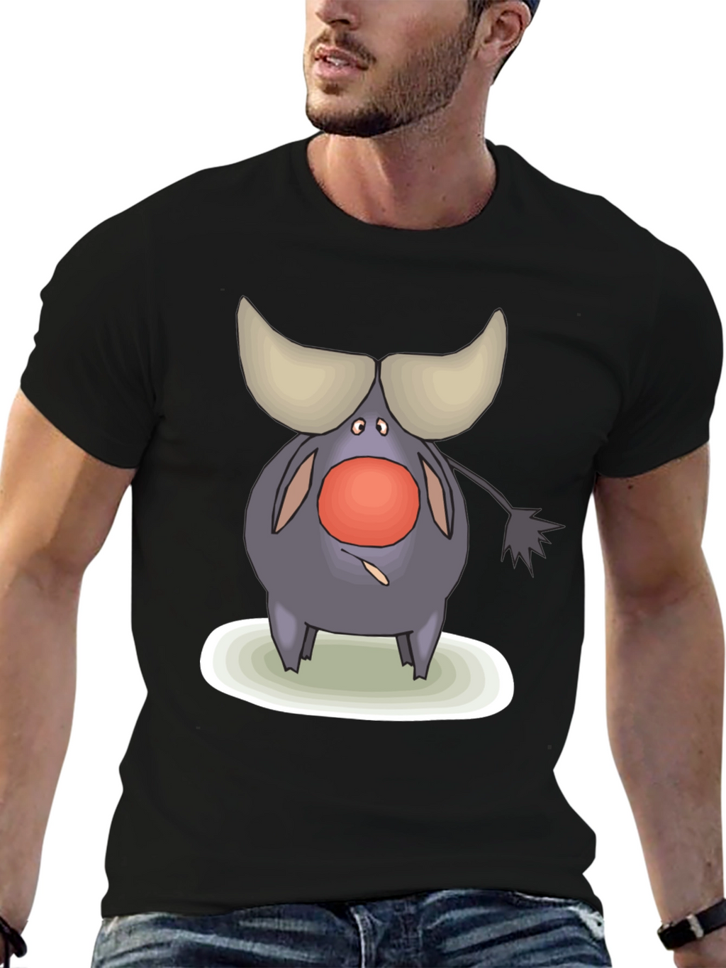 Cartoon Buffalo Graphic Tee - Black Cotton Comfort