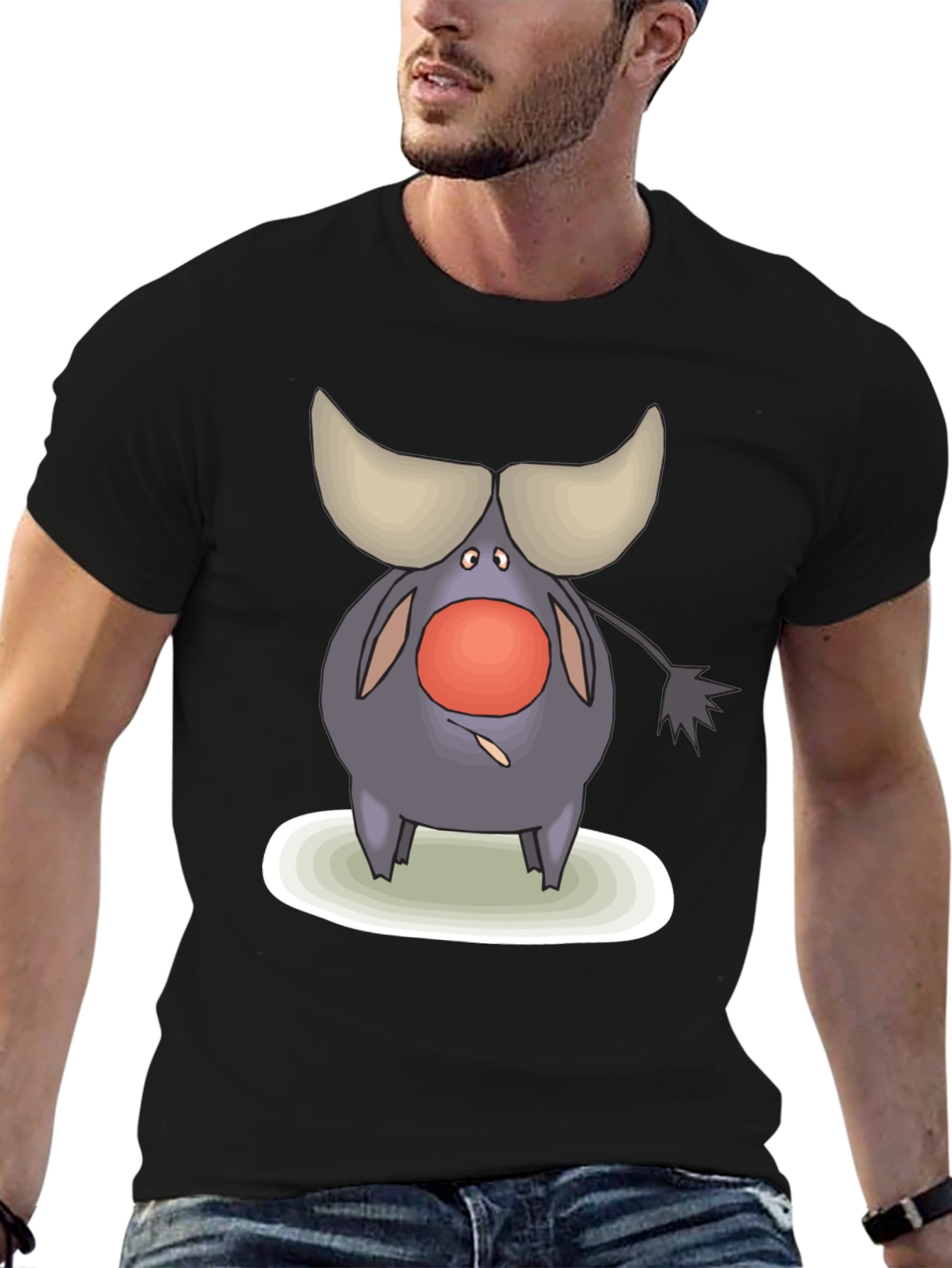 Cartoon Buffalo Graphic Tee - Black Cotton Comfort