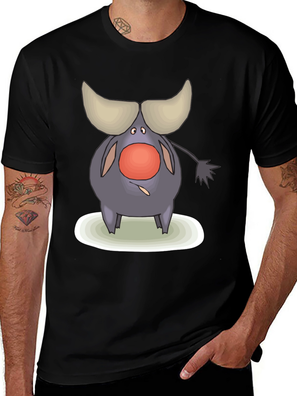 Cartoon Buffalo Graphic Tee - Black Cotton Comfort