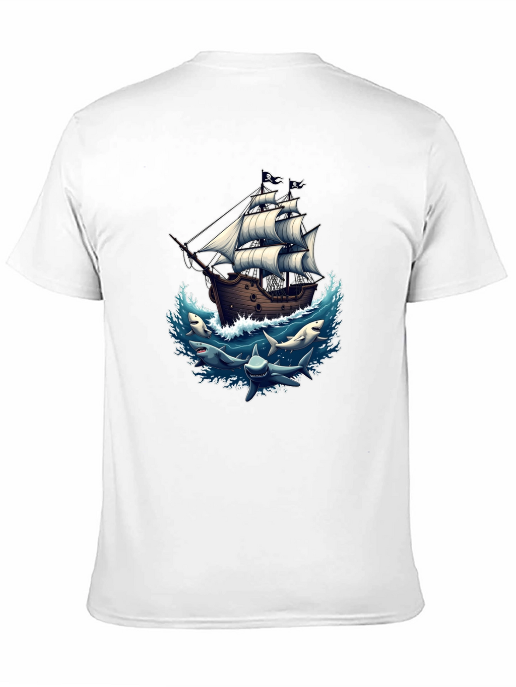 Pirate Ship & Sharks Graphic Black T-Shirt