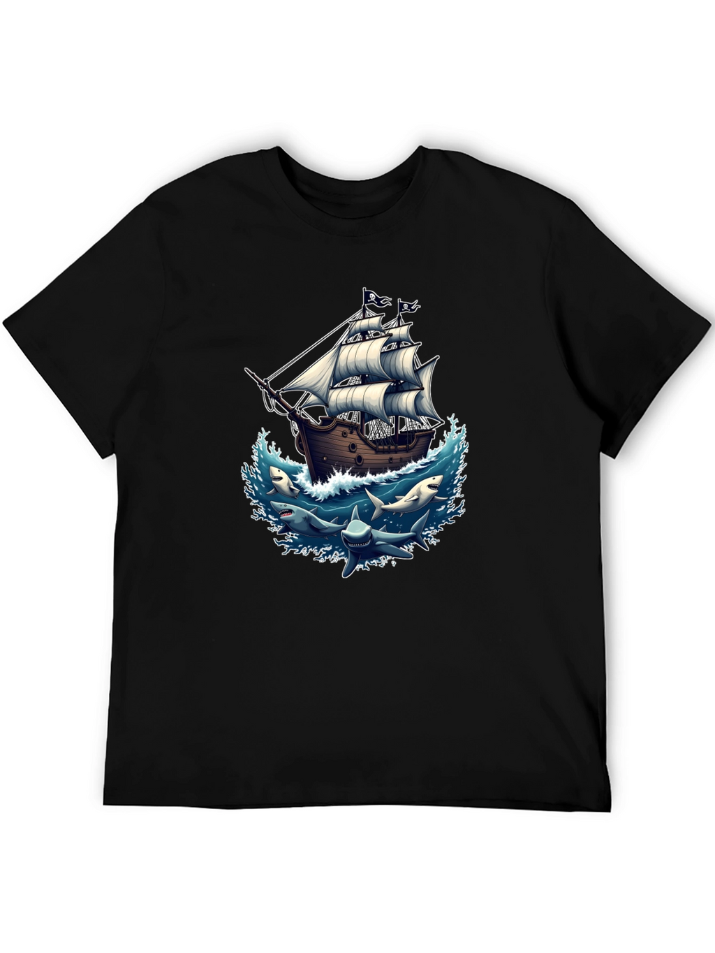 Pirate Ship & Sharks Graphic Black T-Shirt