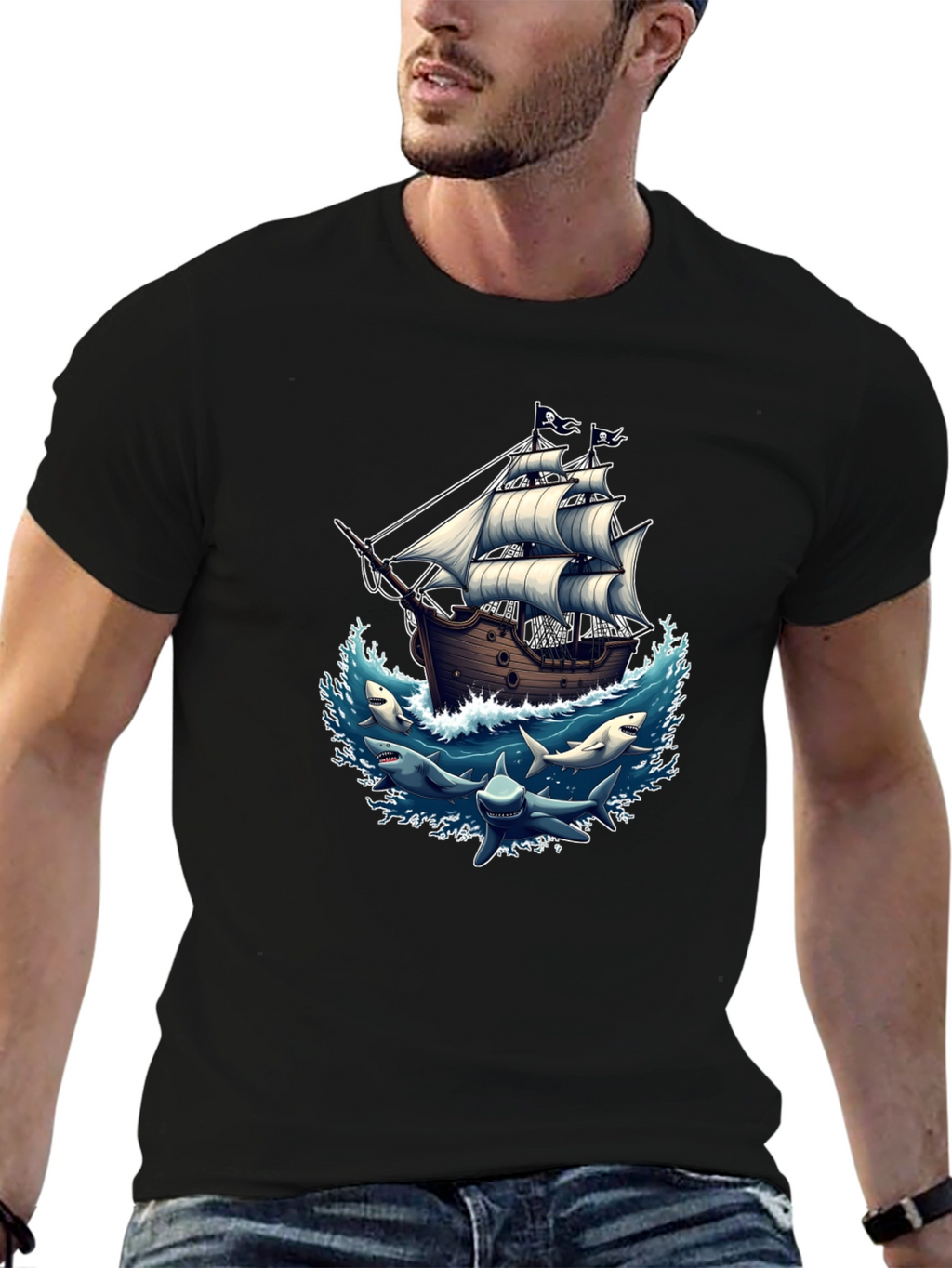 Pirate Ship & Sharks Graphic Black T-Shirt
