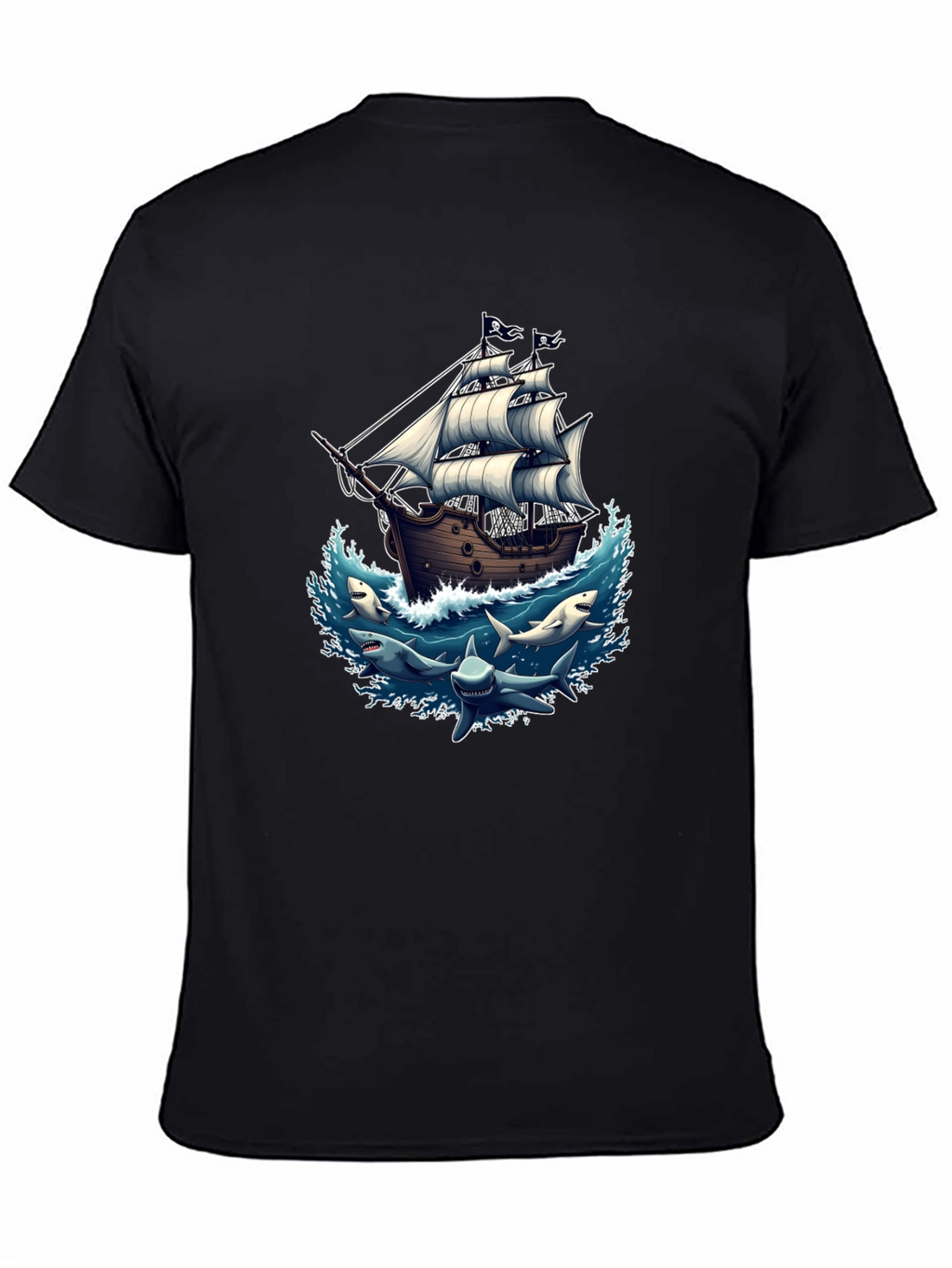 Pirate Ship & Sharks Graphic Black T-Shirt