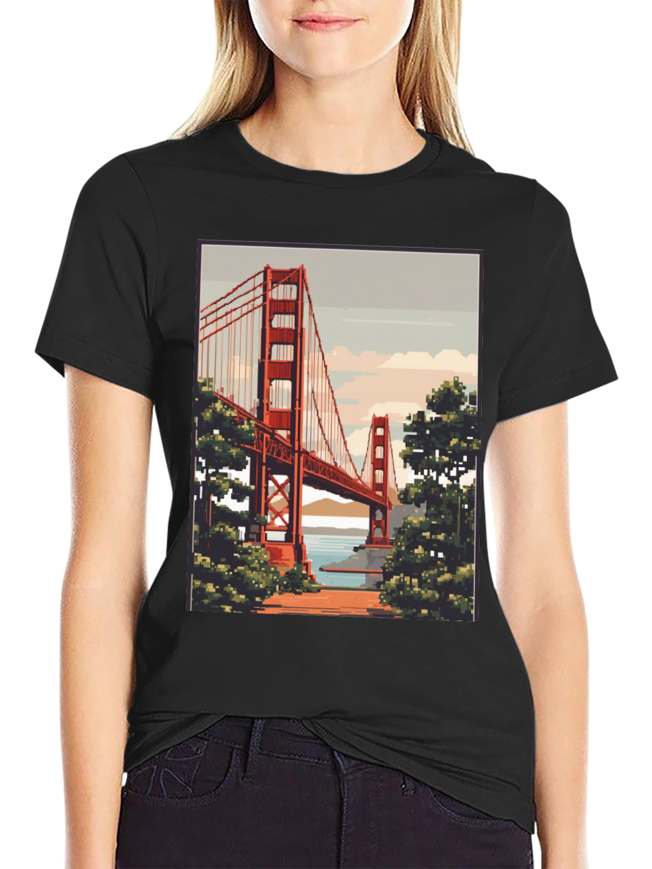 Golden Gate Bridge Pixel Art Black T-Shirt
