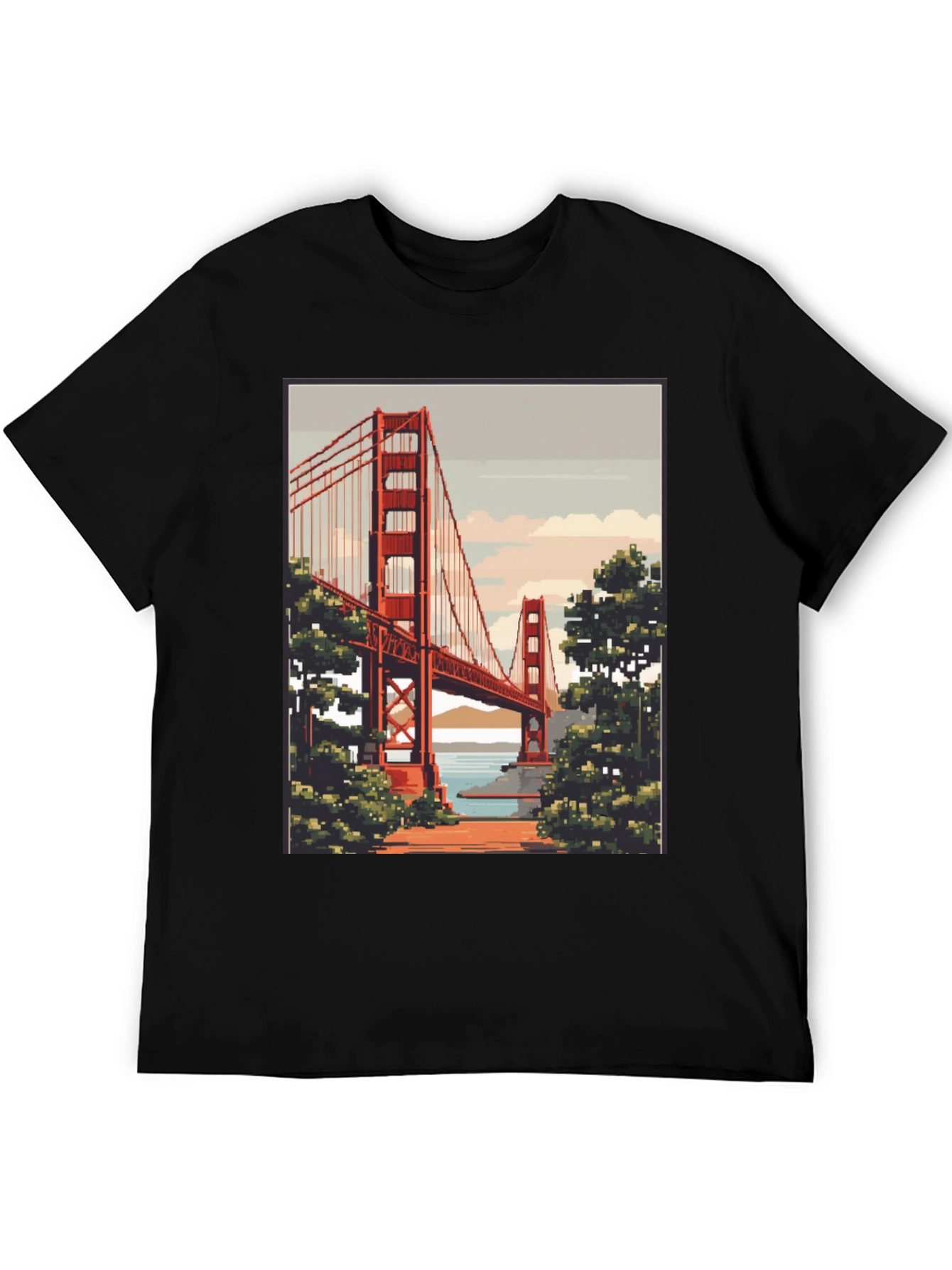Golden Gate Bridge Pixel Art Black T-Shirt