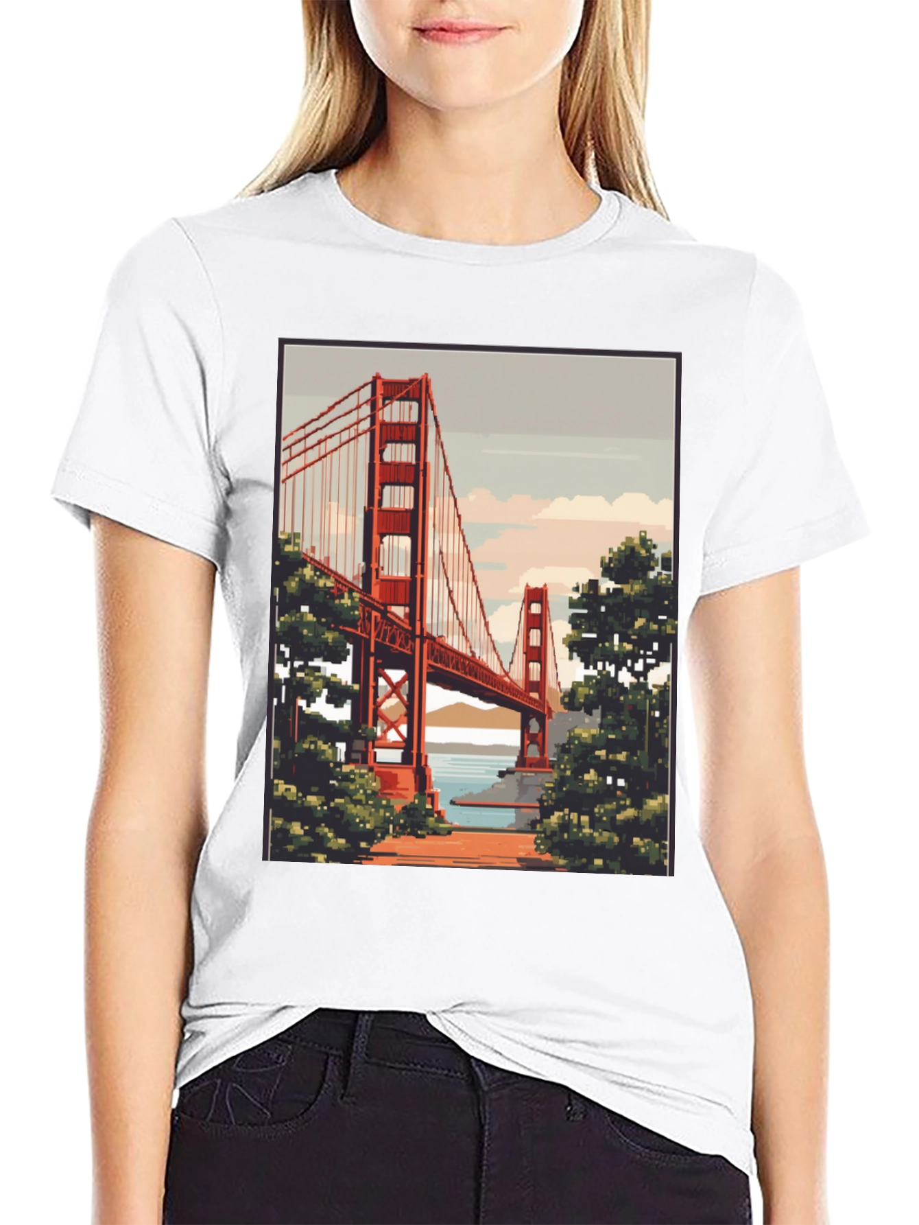 Golden Gate Bridge Pixel Art Black T-Shirt