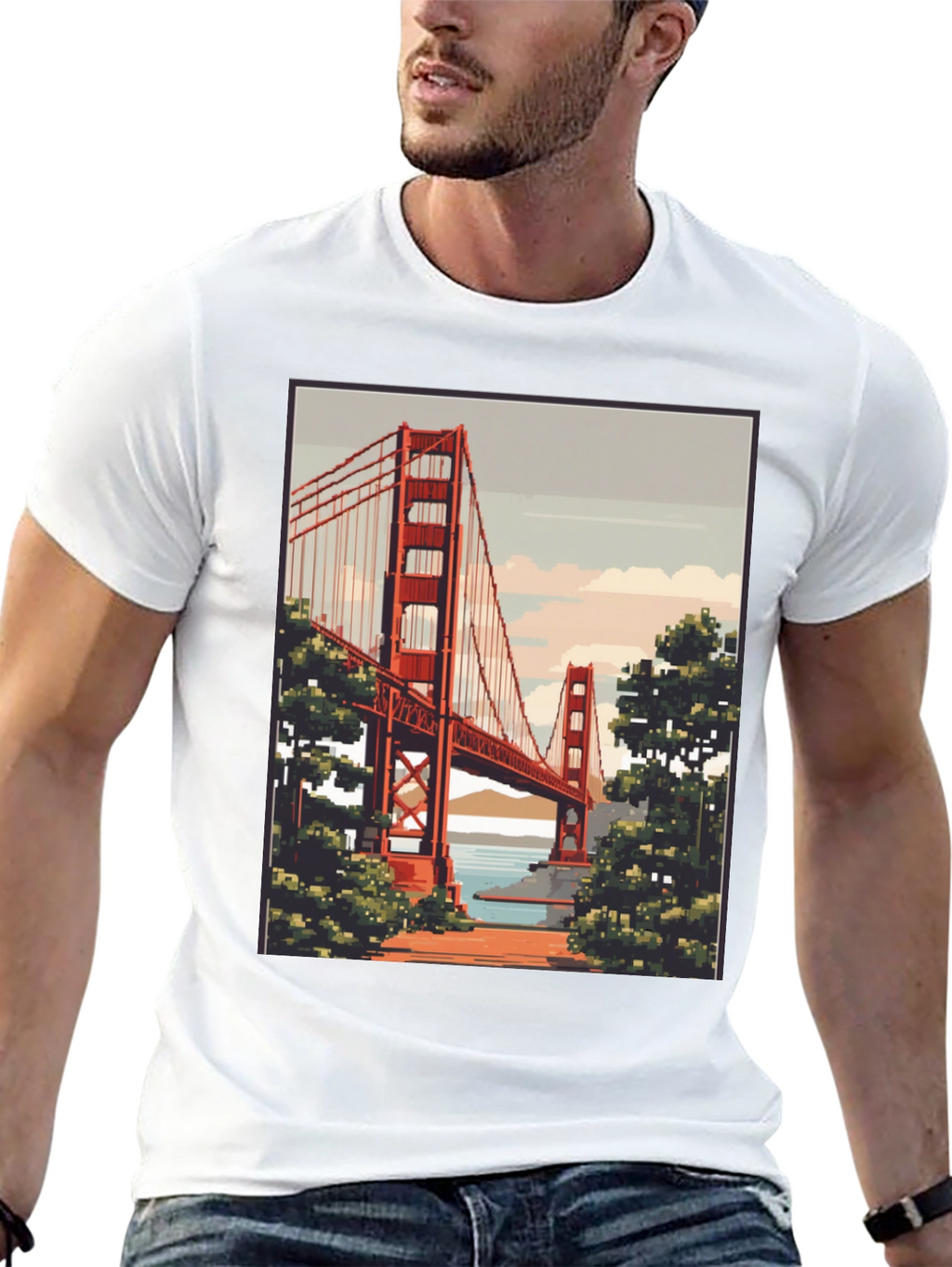 Golden Gate Bridge Pixel Art Black T-Shirt