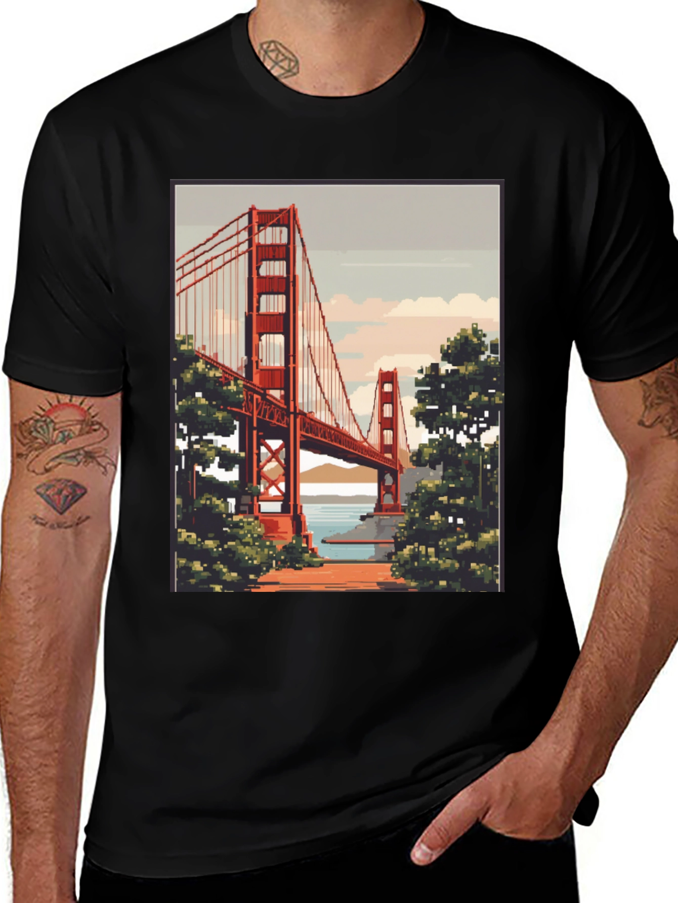Golden Gate Bridge Pixel Art Black T-Shirt