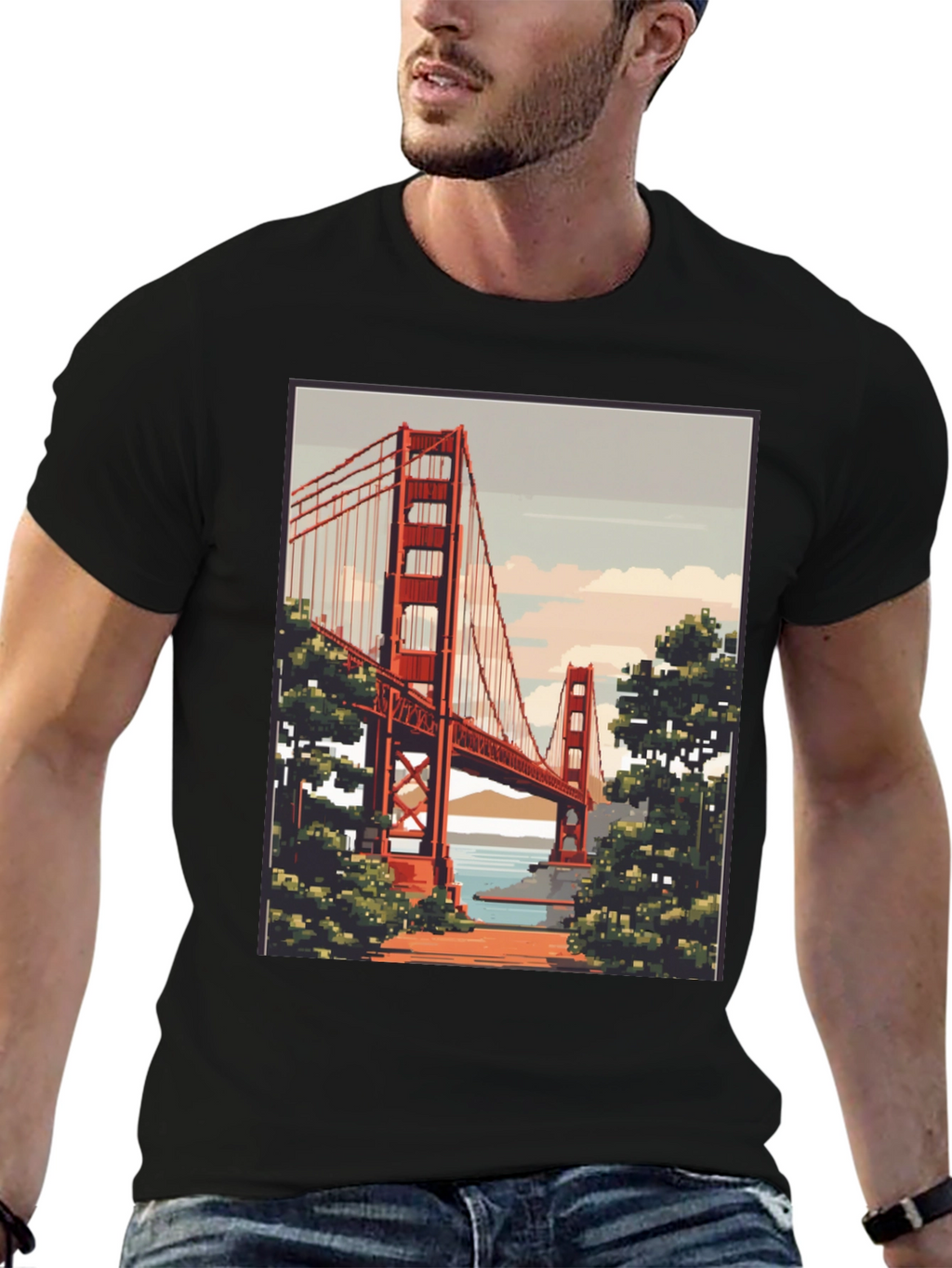 Golden Gate Bridge Pixel Art Black T-Shirt