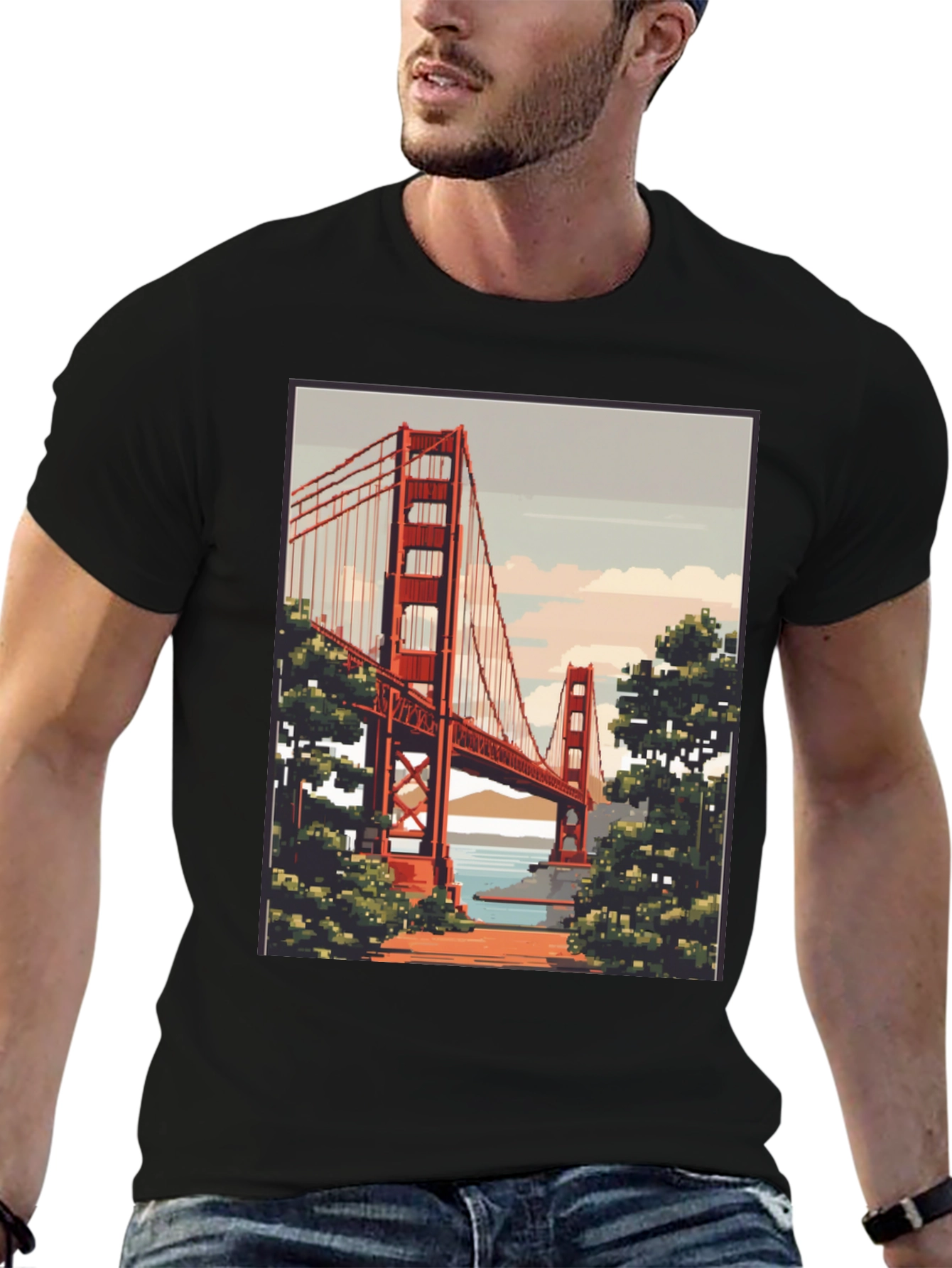 Golden Gate Bridge Pixel Art Black T-Shirt