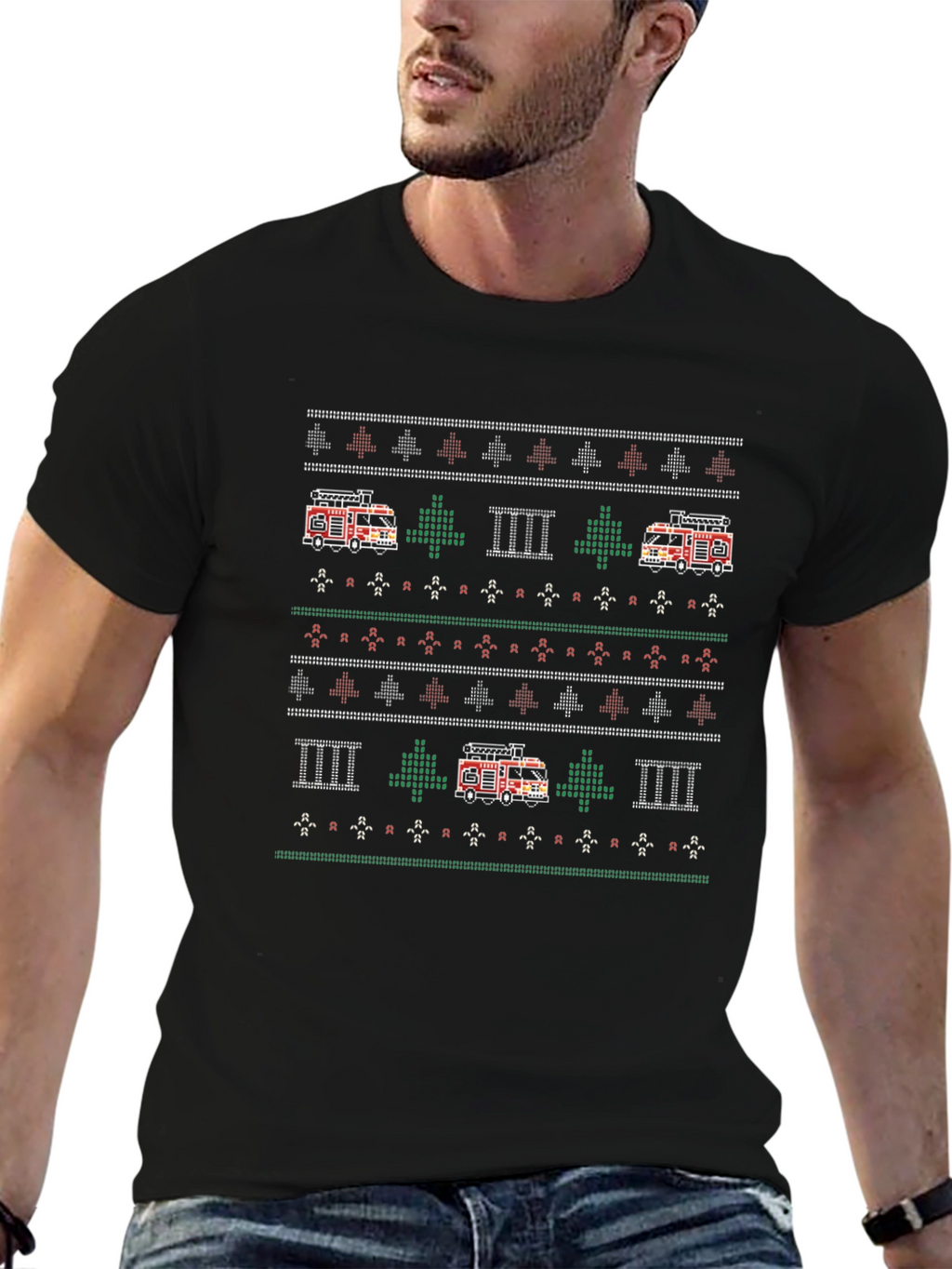 Fire Truck Ugly Christmas Sweater Style T-Shirt