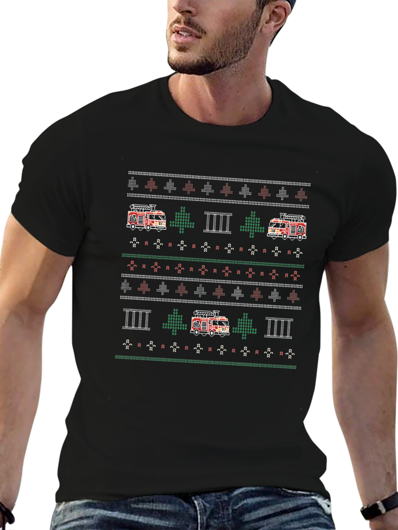 Fire Truck Ugly Christmas Sweater Style T-Shirt