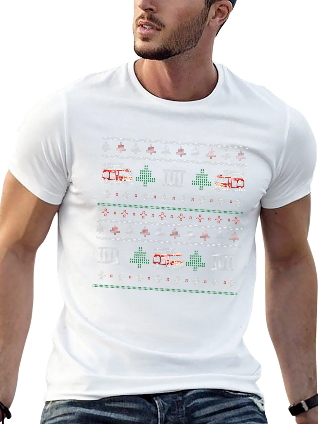 Fire Truck Ugly Christmas Sweater Style T-Shirt