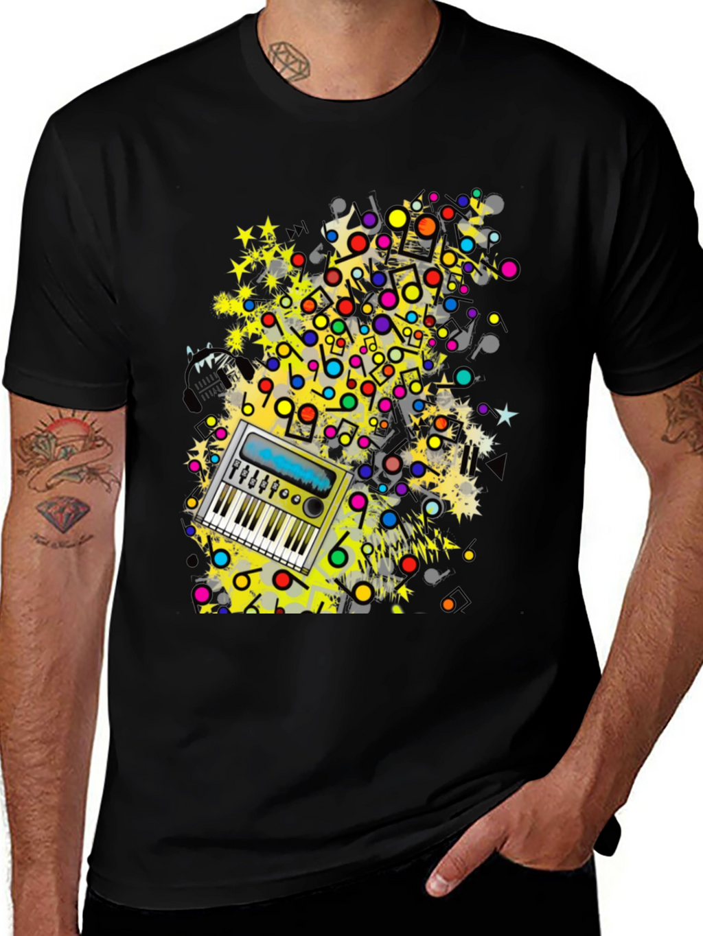 Music Keyboard Graphic Print Mens Black T-Shirt
