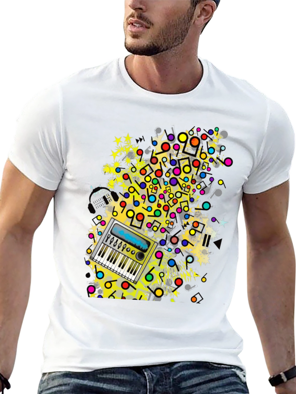 Music Keyboard Graphic Print Mens Black T-Shirt