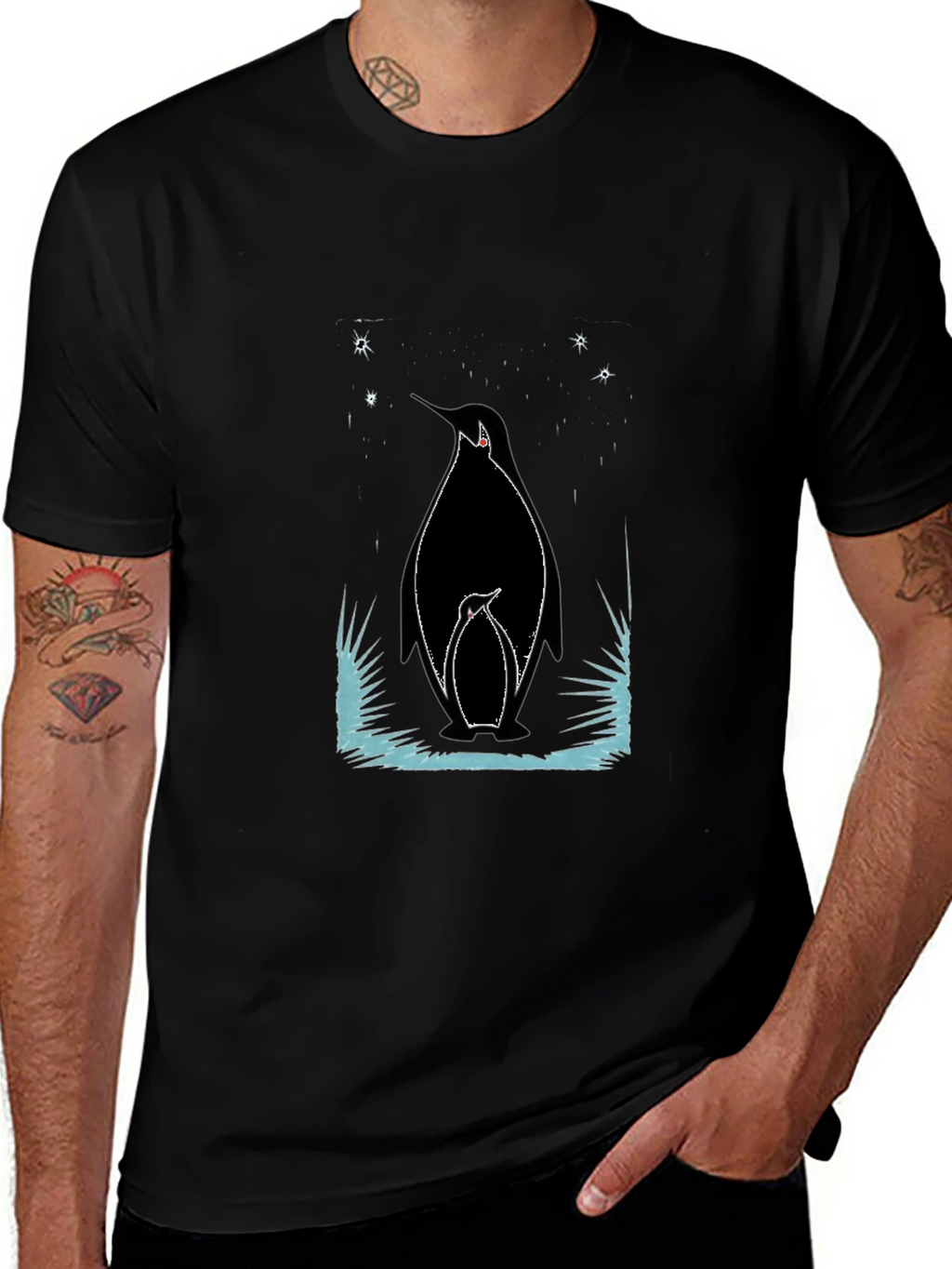 Penguin Family Graphic Tee - Black Cotton Shirt