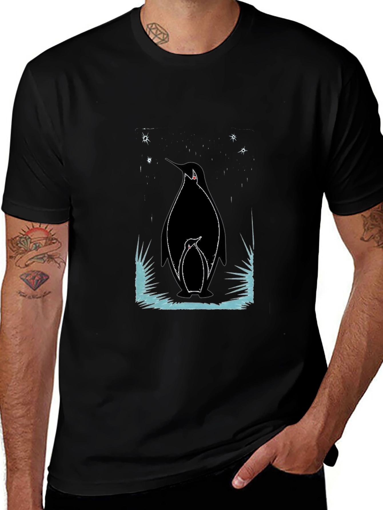 Penguin Family Graphic Tee - Black Cotton Shirt