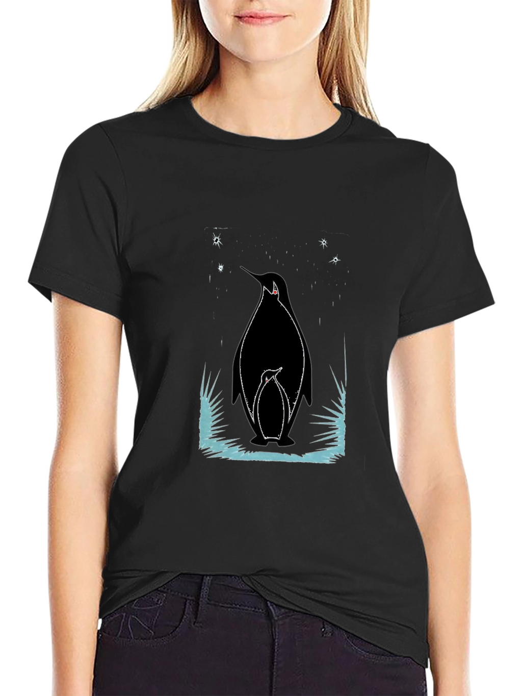 Penguin Family Graphic Tee - Black Cotton Shirt