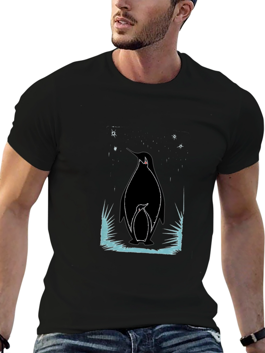 Penguin Family Graphic Tee - Black Cotton Shirt