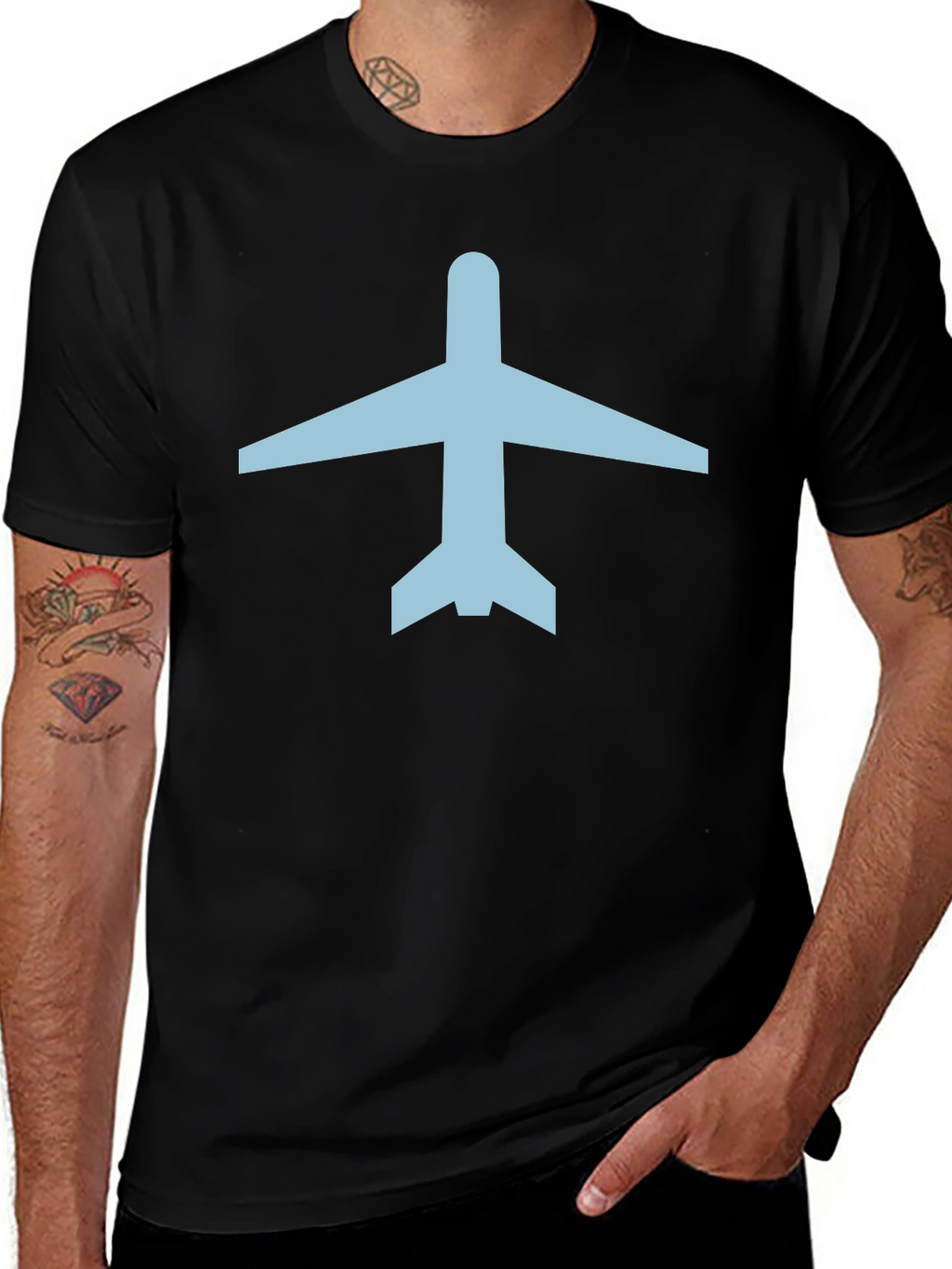 Airplane Graphic Tee - Black Cotton Crew Neck T-Shirt