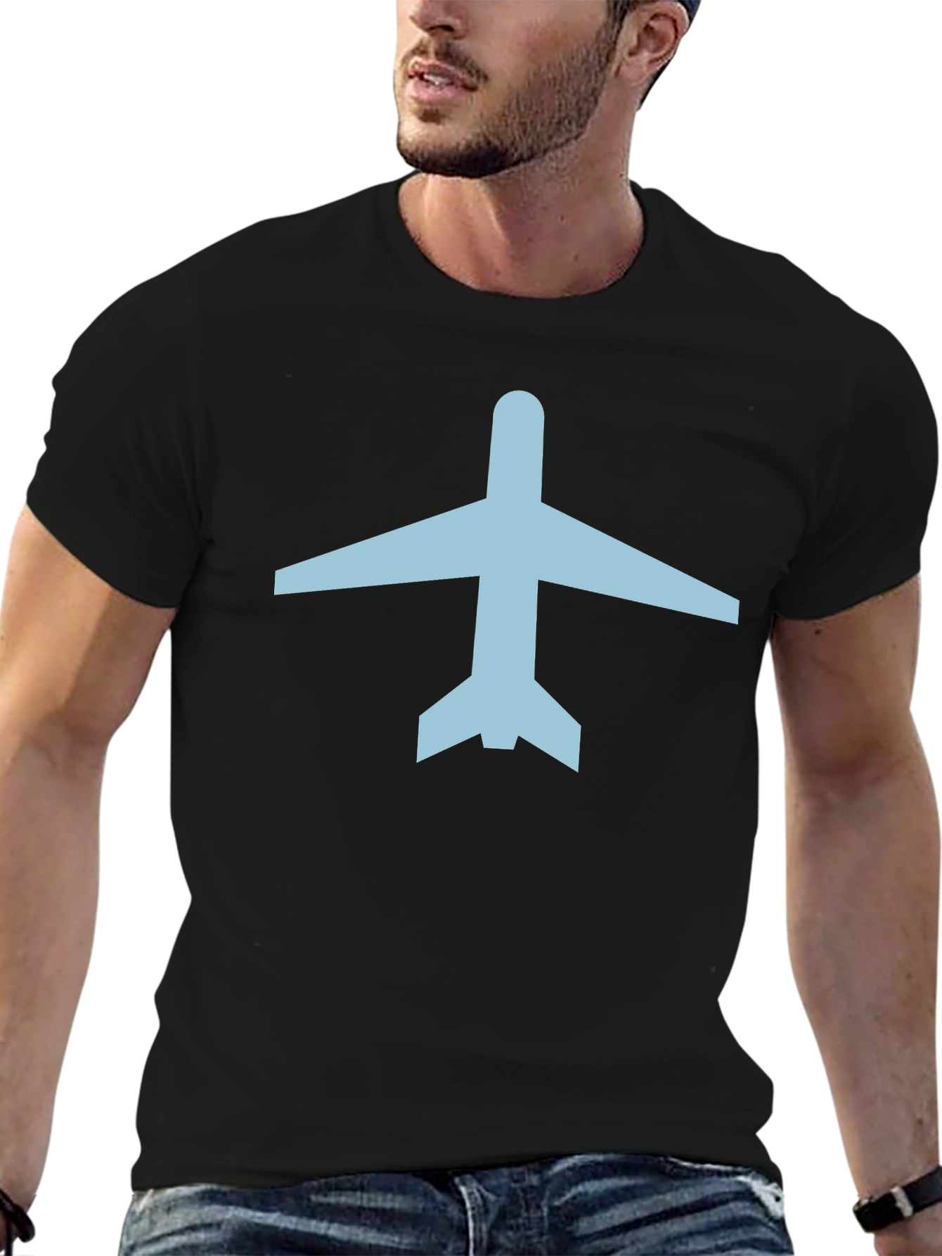 Airplane Graphic Tee - Black Cotton Crew Neck T-Shirt