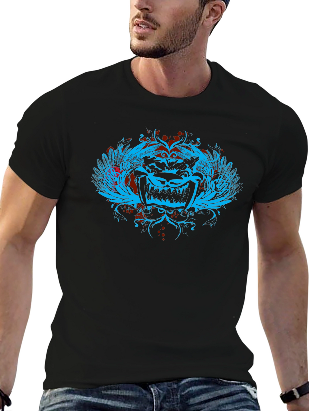 Edgy Graphic Tee - Mens Black Crewneck T-Shirt