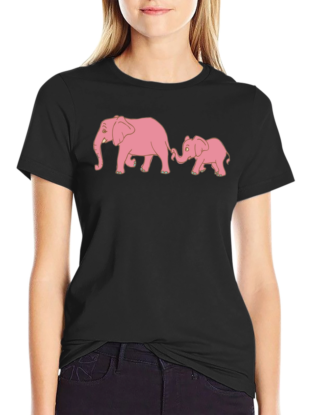 Pink Elephant Family Black T-Shirt