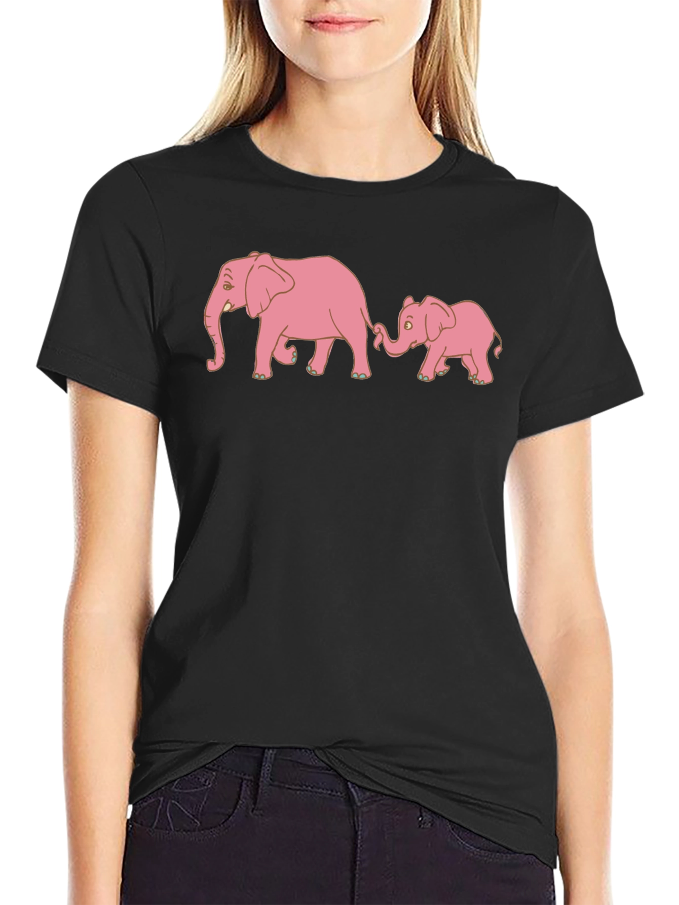 Pink Elephant Family Black T-Shirt