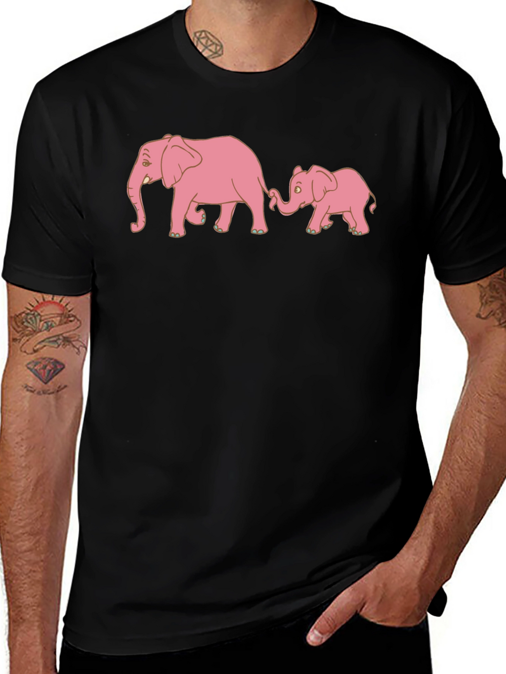Pink Elephant Family Black T-Shirt